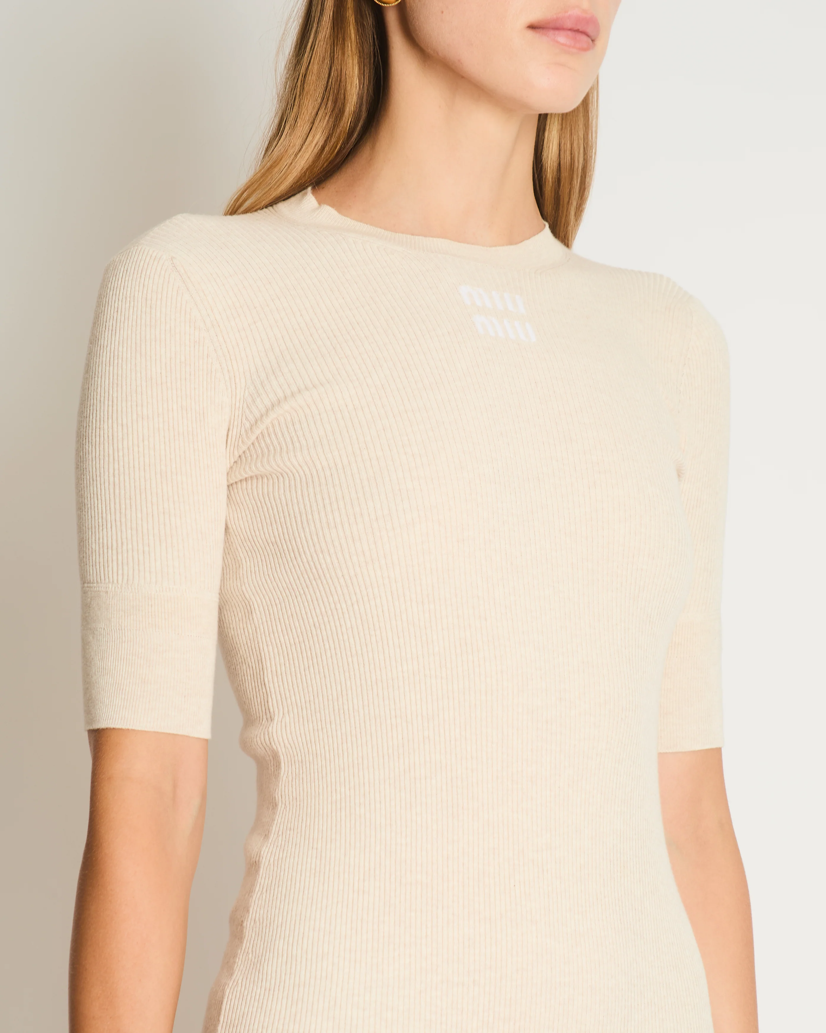 Miu Miu Beige Cotton Short Sleeve Maxi Dress With Logo Embroidery Size IT 36 (UK 4) - Image 4