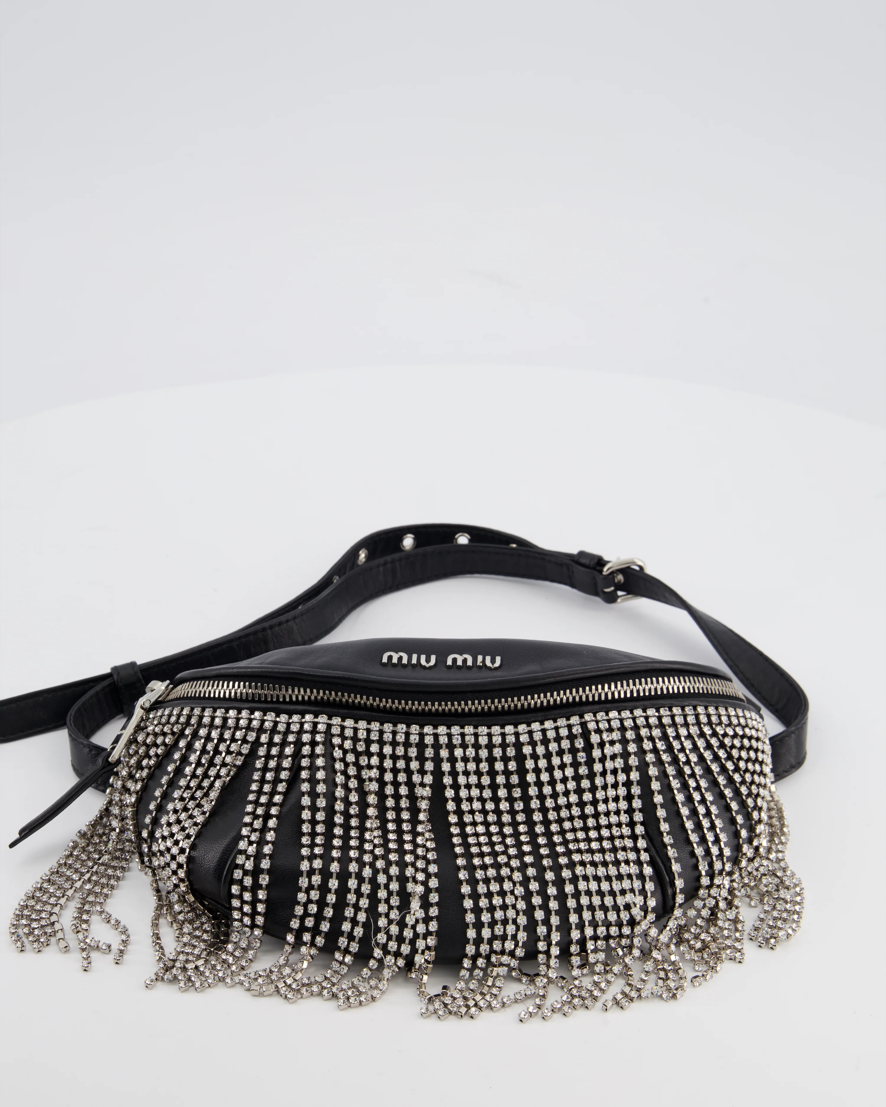 Miu Miu Black Leather Bum Bag with Crystal Tassels and Logo Details - Image 17
