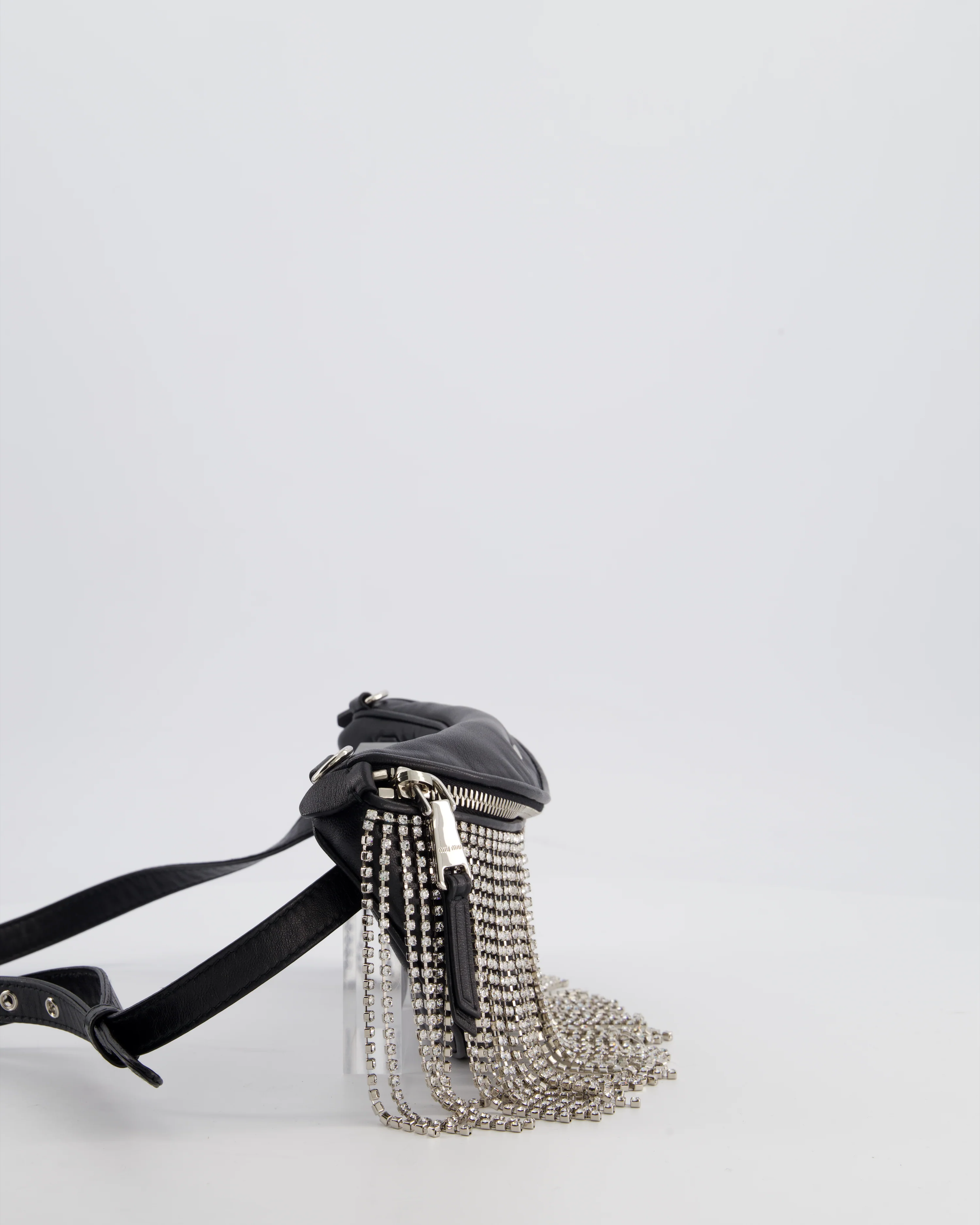 Miu Miu Black Leather Bum Bag with Crystal Tassels and Logo Details - Image 3