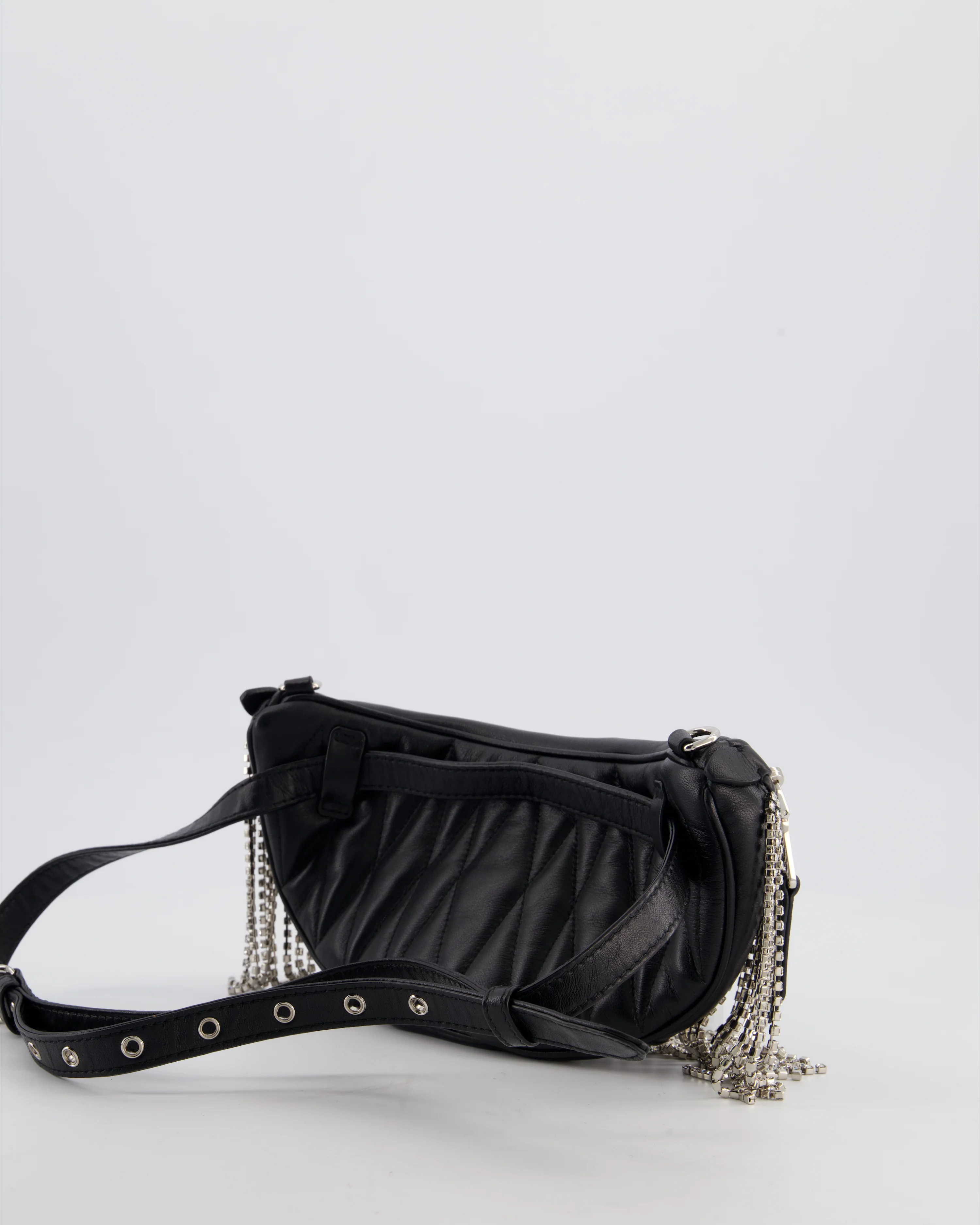 Miu Miu Black Leather Bum Bag with Crystal Tassels and Logo Details - Image 4