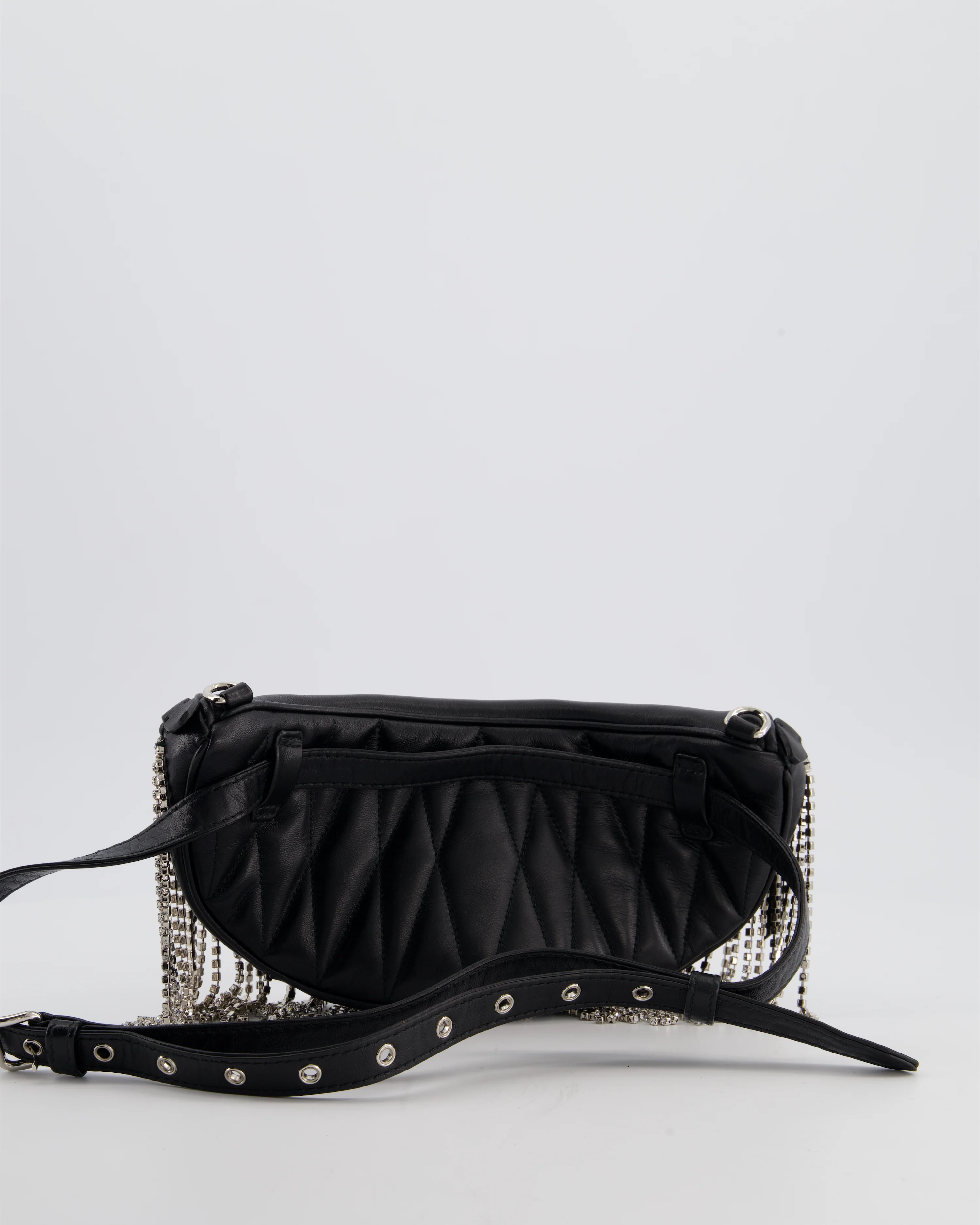 Miu Miu Black Leather Bum Bag with Crystal Tassels and Logo Details - Image 5