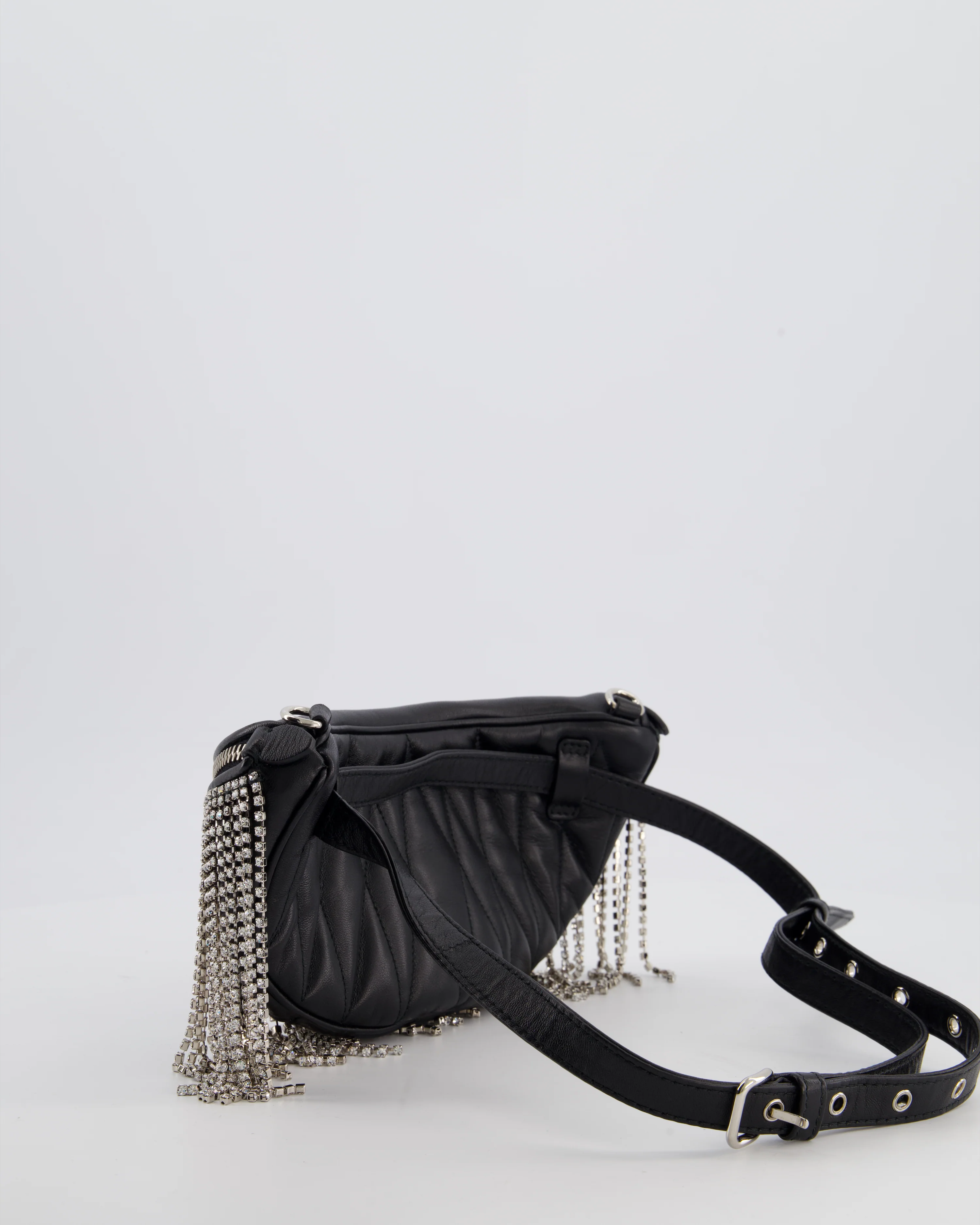 Miu Miu Black Leather Bum Bag with Crystal Tassels and Logo Details - Image 6