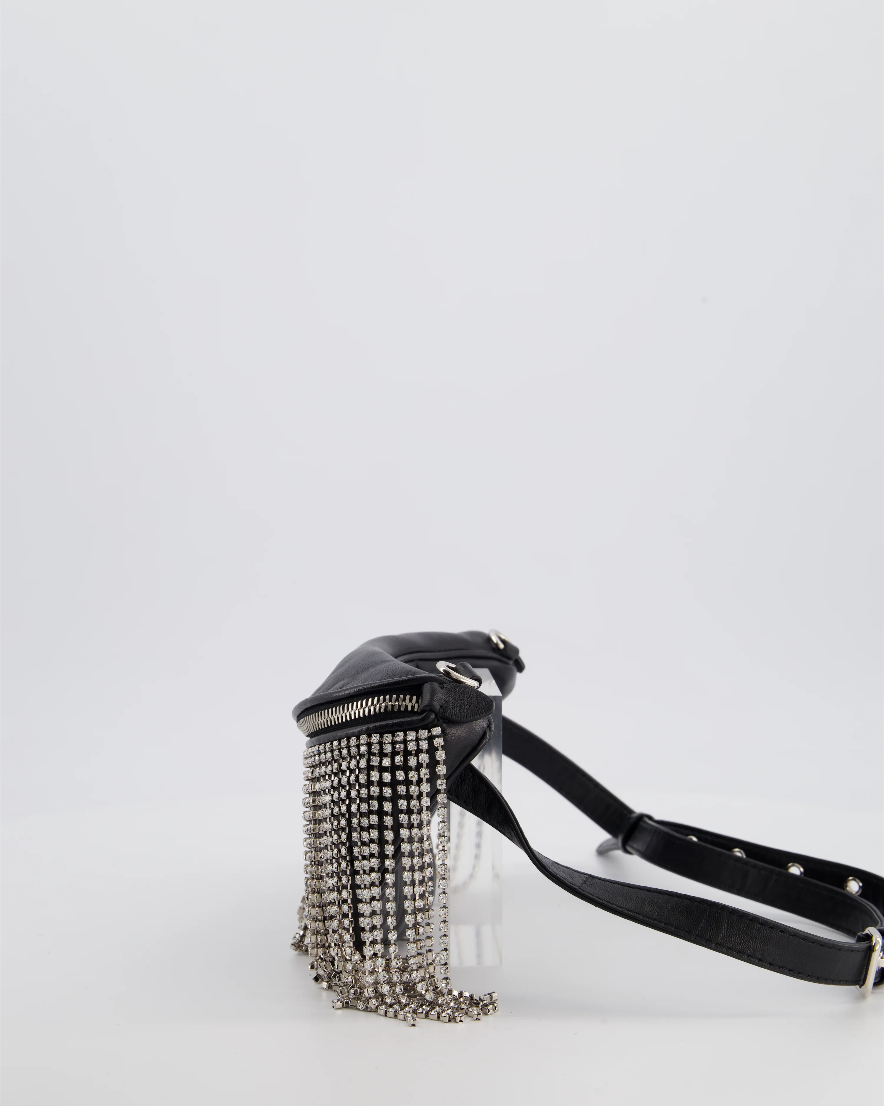 Miu Miu Black Leather Bum Bag with Crystal Tassels and Logo Details - Image 7