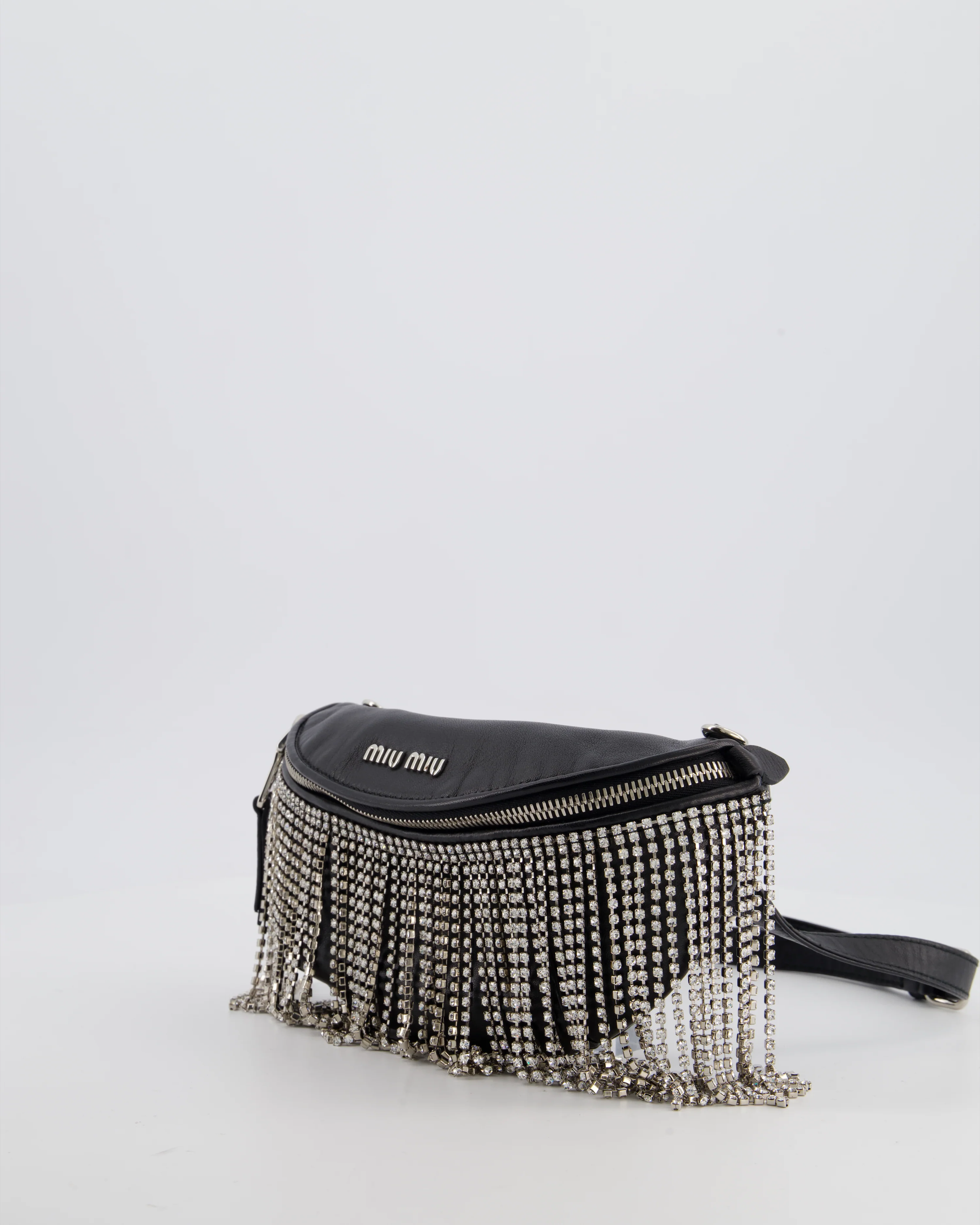 Miu Miu Black Leather Bum Bag with Crystal Tassels and Logo Details - Image 8