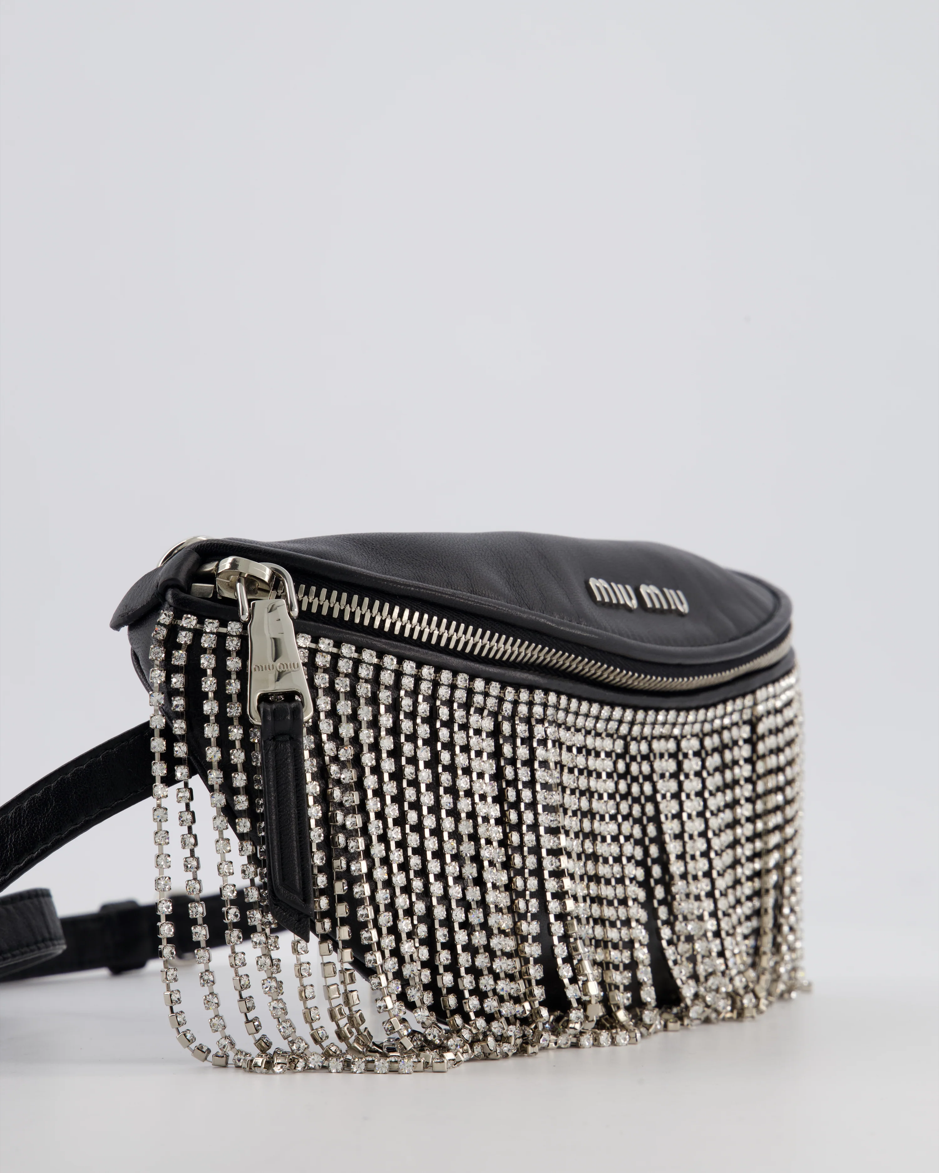 Miu Miu Black Leather Bum Bag with Crystal Tassels and Logo Details - Image 9