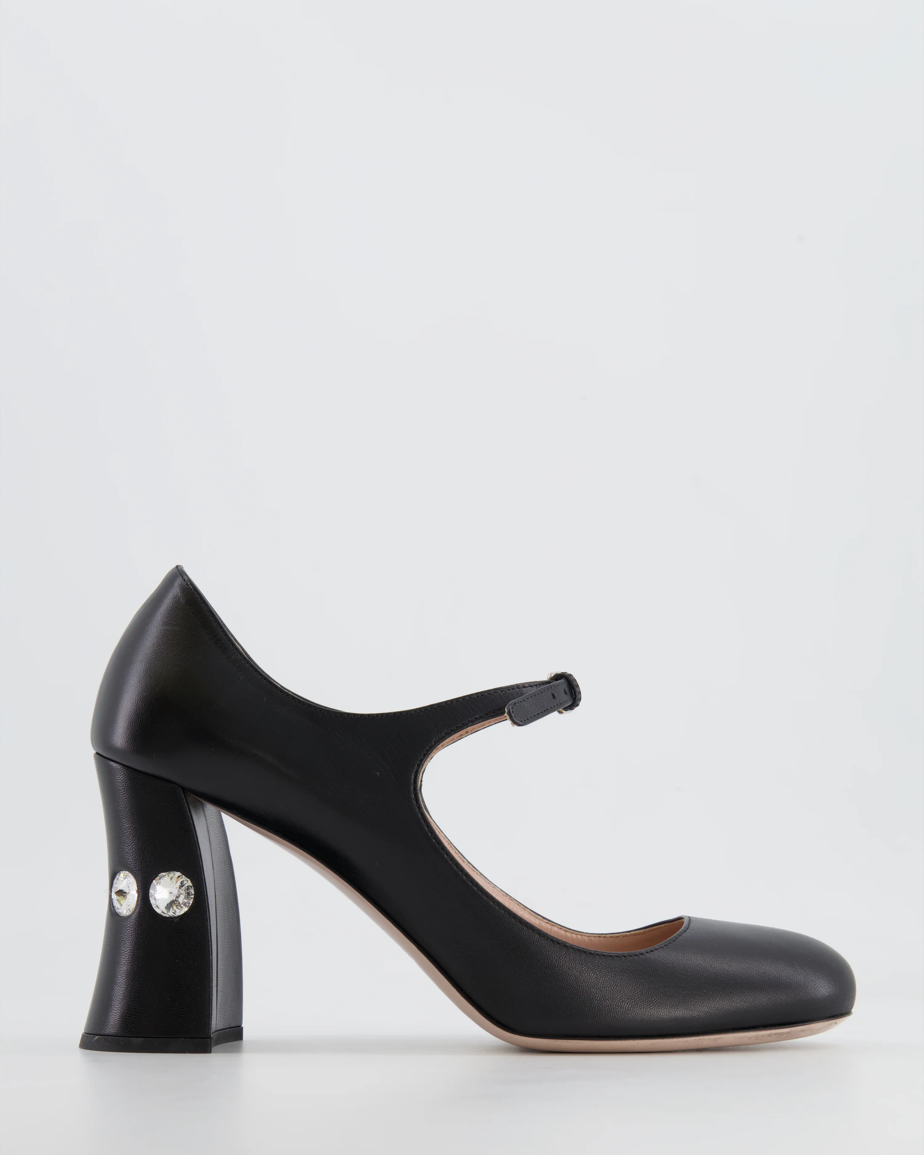 Miu Miu Black Leather Mary Jane Heeled Shoes with Crystals Size EU 39