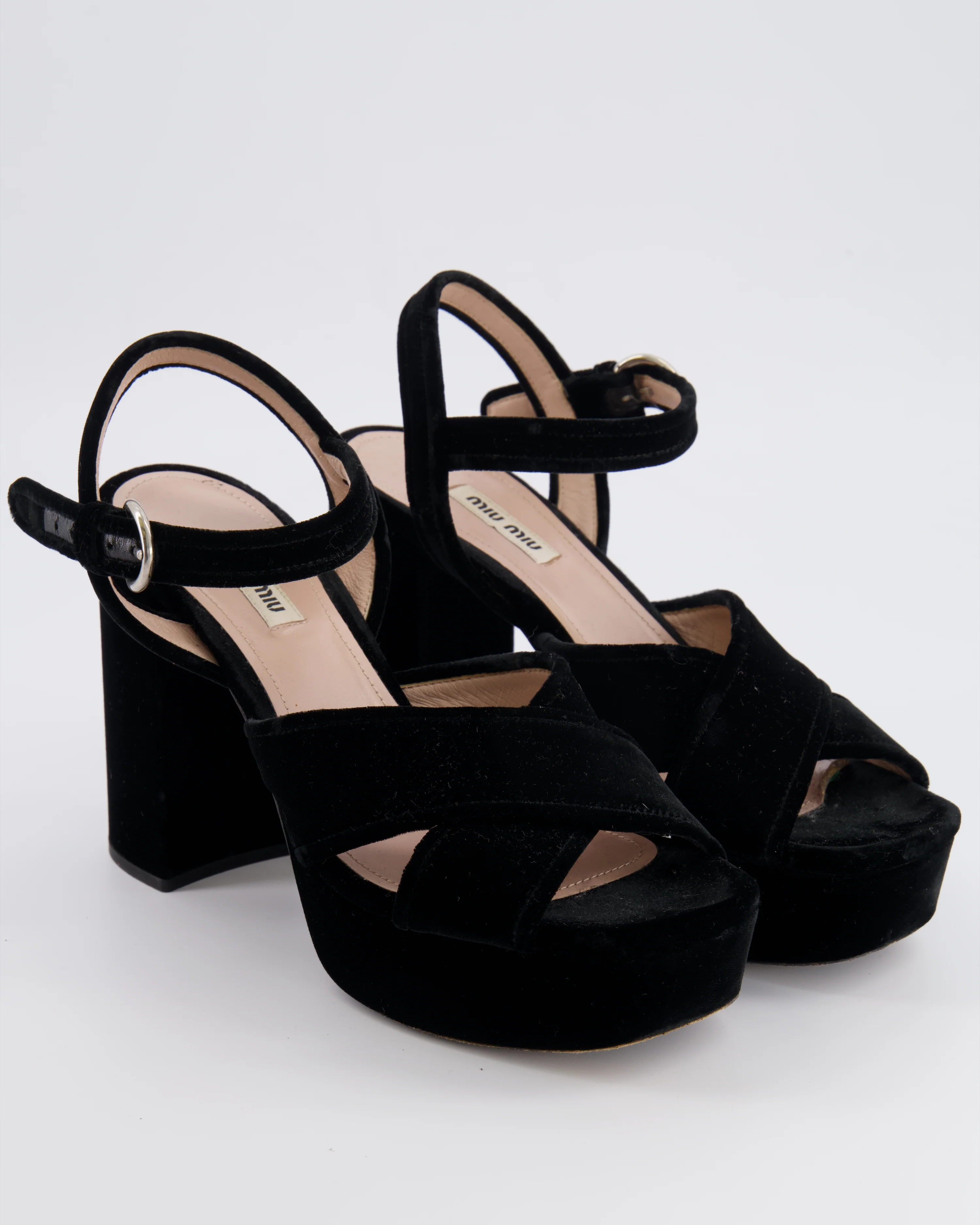 Miu Miu Black Velours Platform Heeled Sandals with Crossover Strap Detail Size EU 38.5 - Image 2