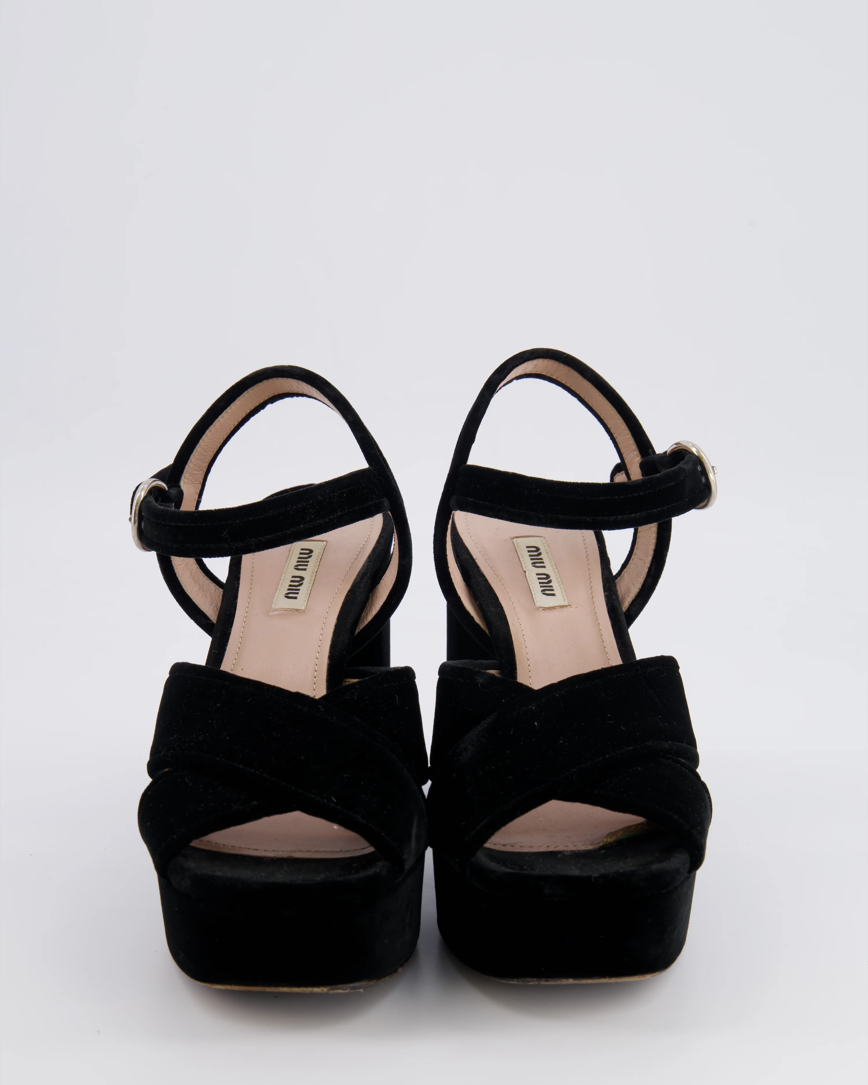 Miu Miu Black Velours Platform Heeled Sandals with Crossover Strap Detail Size EU 38.5 - Image 4