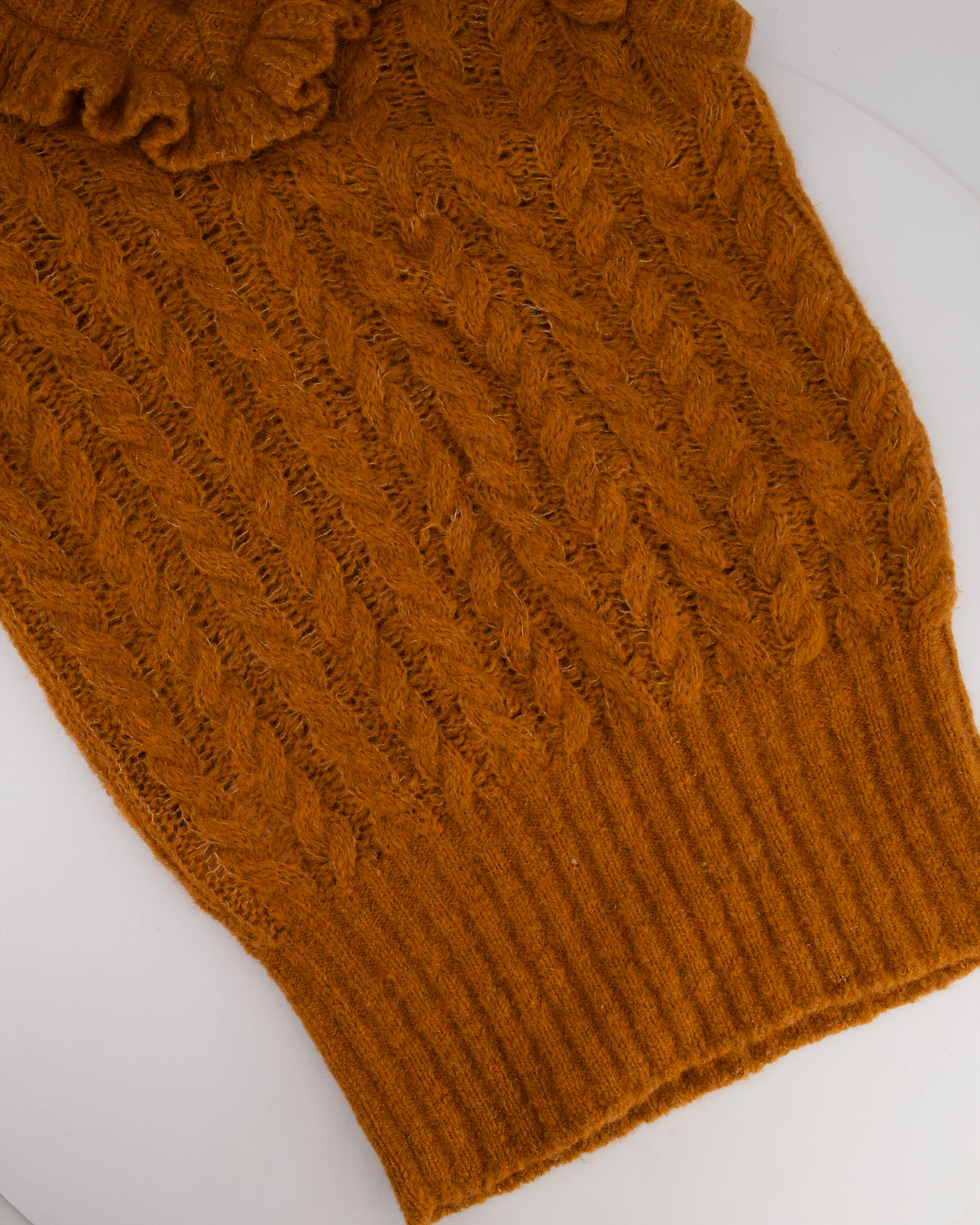 Miu Miu Burnt Orange Oversized Cable Knit Long Line Sleeveless Jumper with V-Neck and Ruffle Detial Size IT 36 (UK 4) - Image 8
