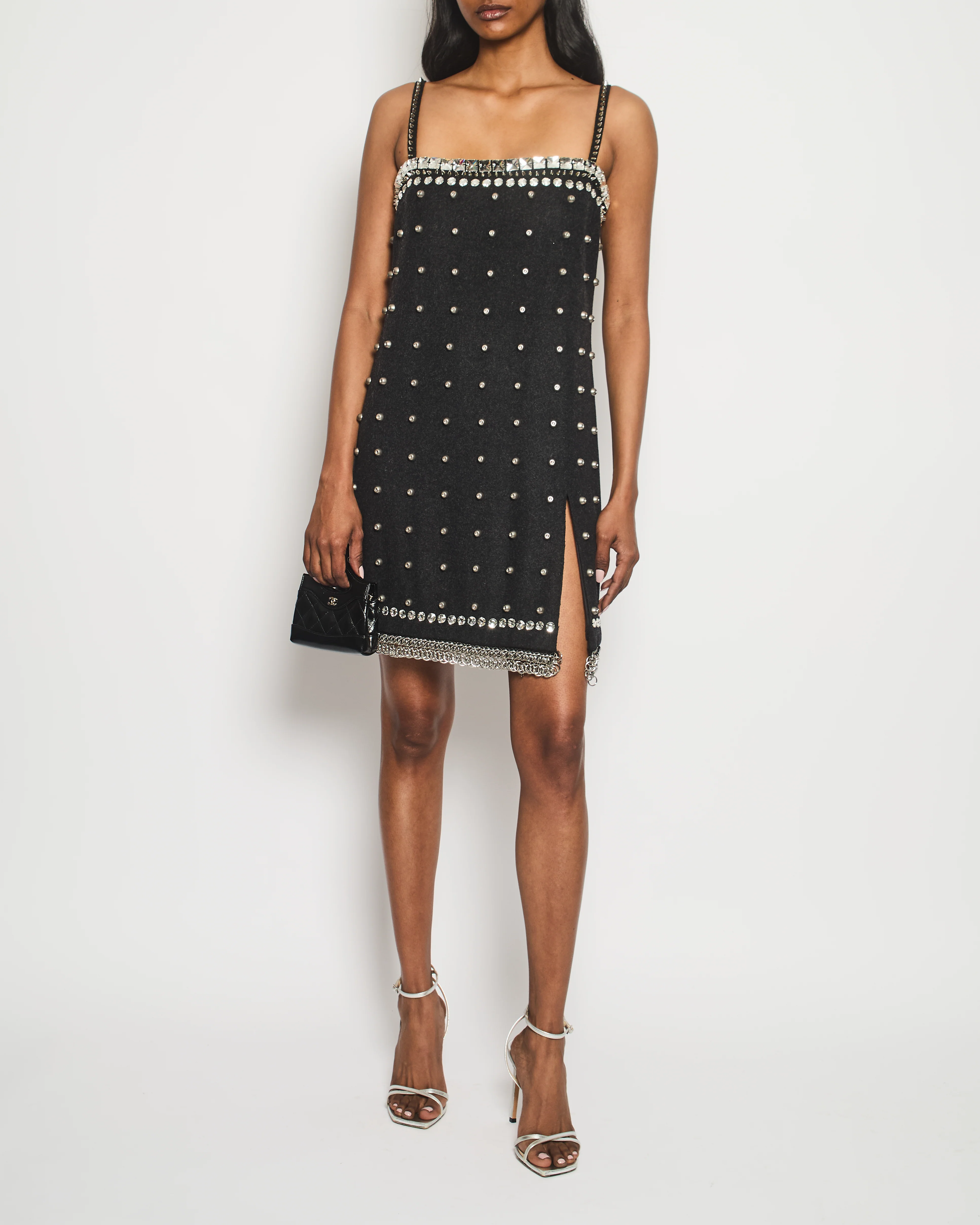 Miu Miu Charcoal Studded Embellished Mini Dress with Chain Mail and Split Detail Size IT 38 (UK 6)