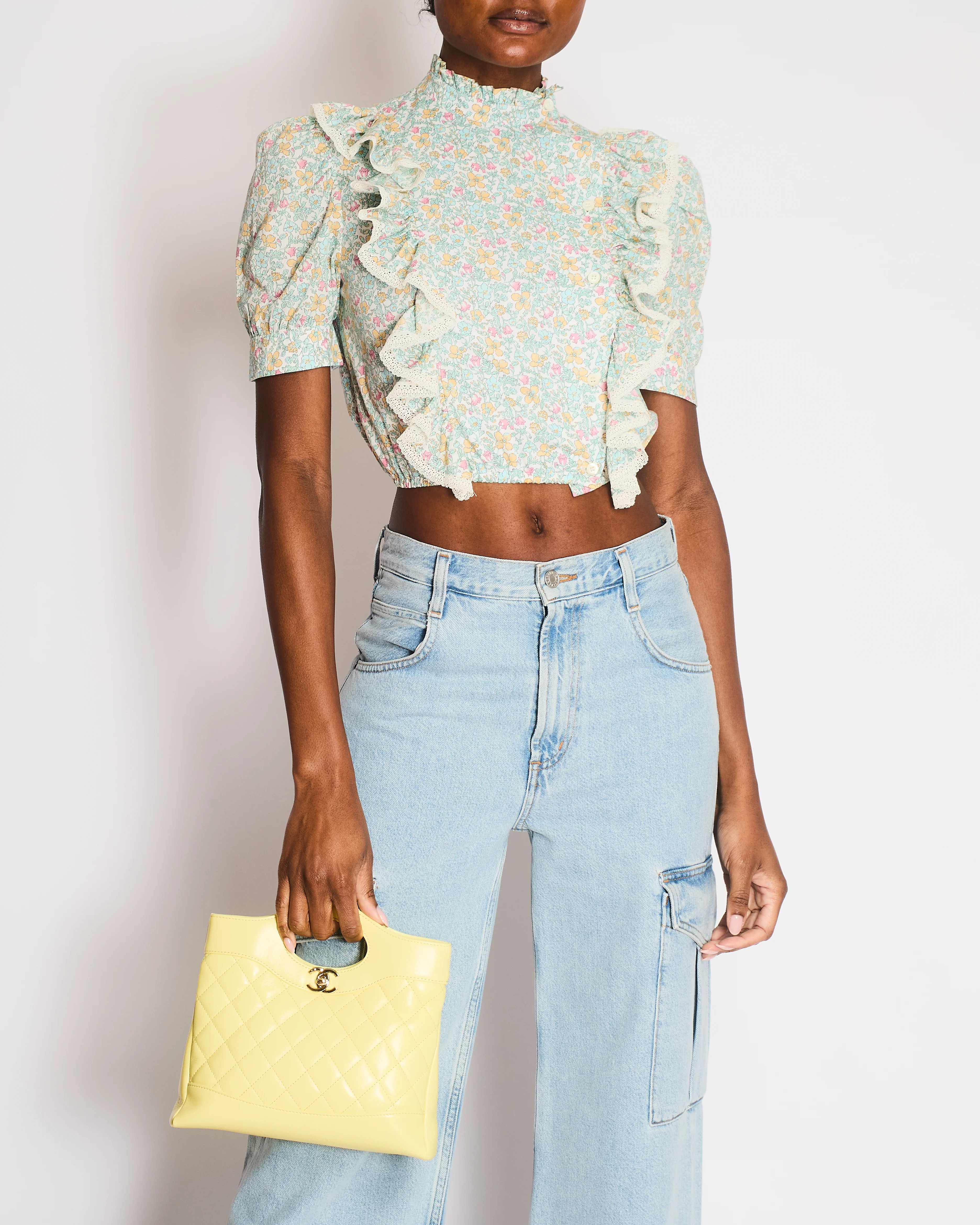 Miu Miu Cream and Multi-Colour Floral Print Blouse with Rouched Details and Lace Trim Size IT 36 (UK 4) RRP £900
