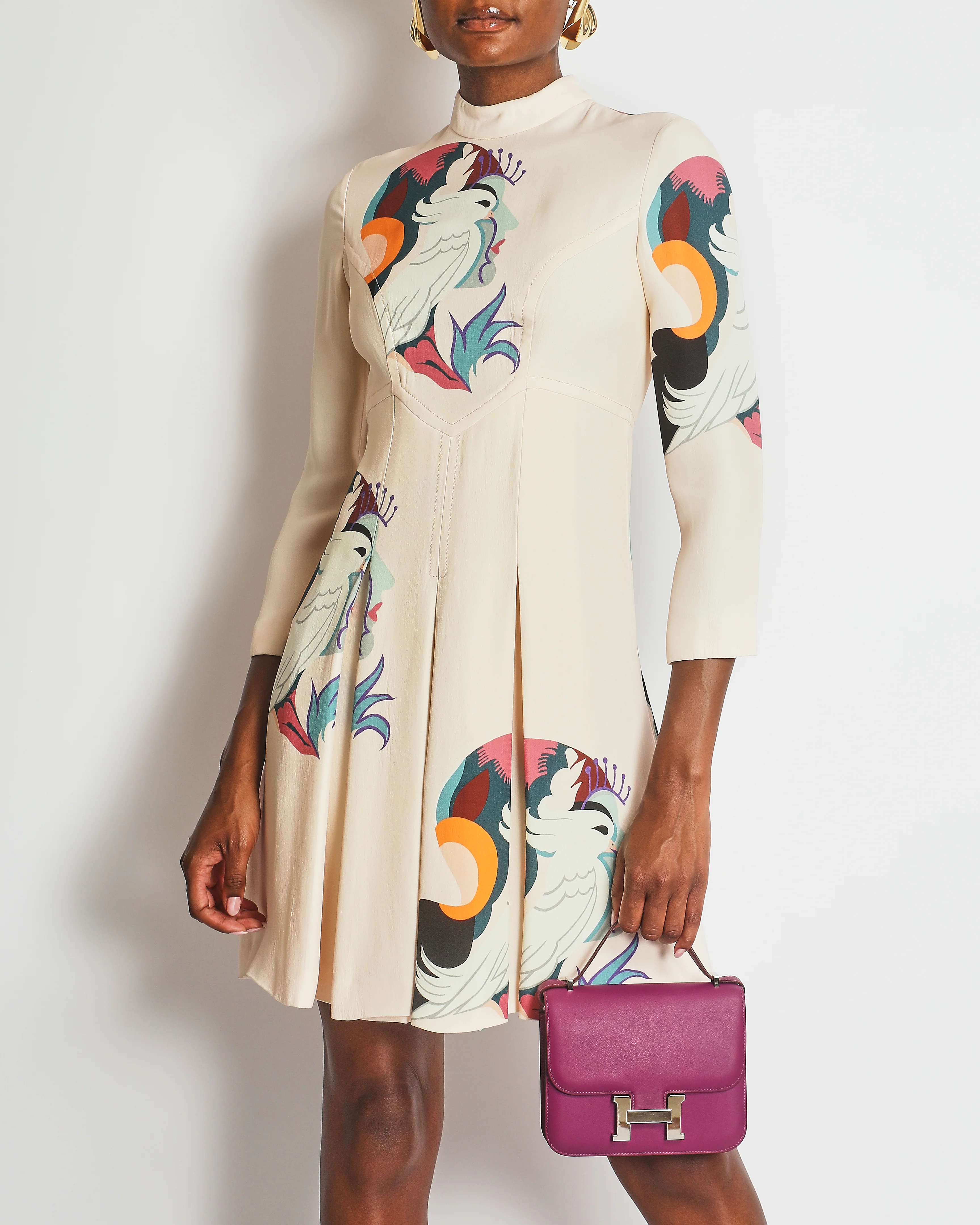 Miu Miu Cream with Colourful Prints Pleated Mini Dress Size IT 38 (UK 6) - Image 3