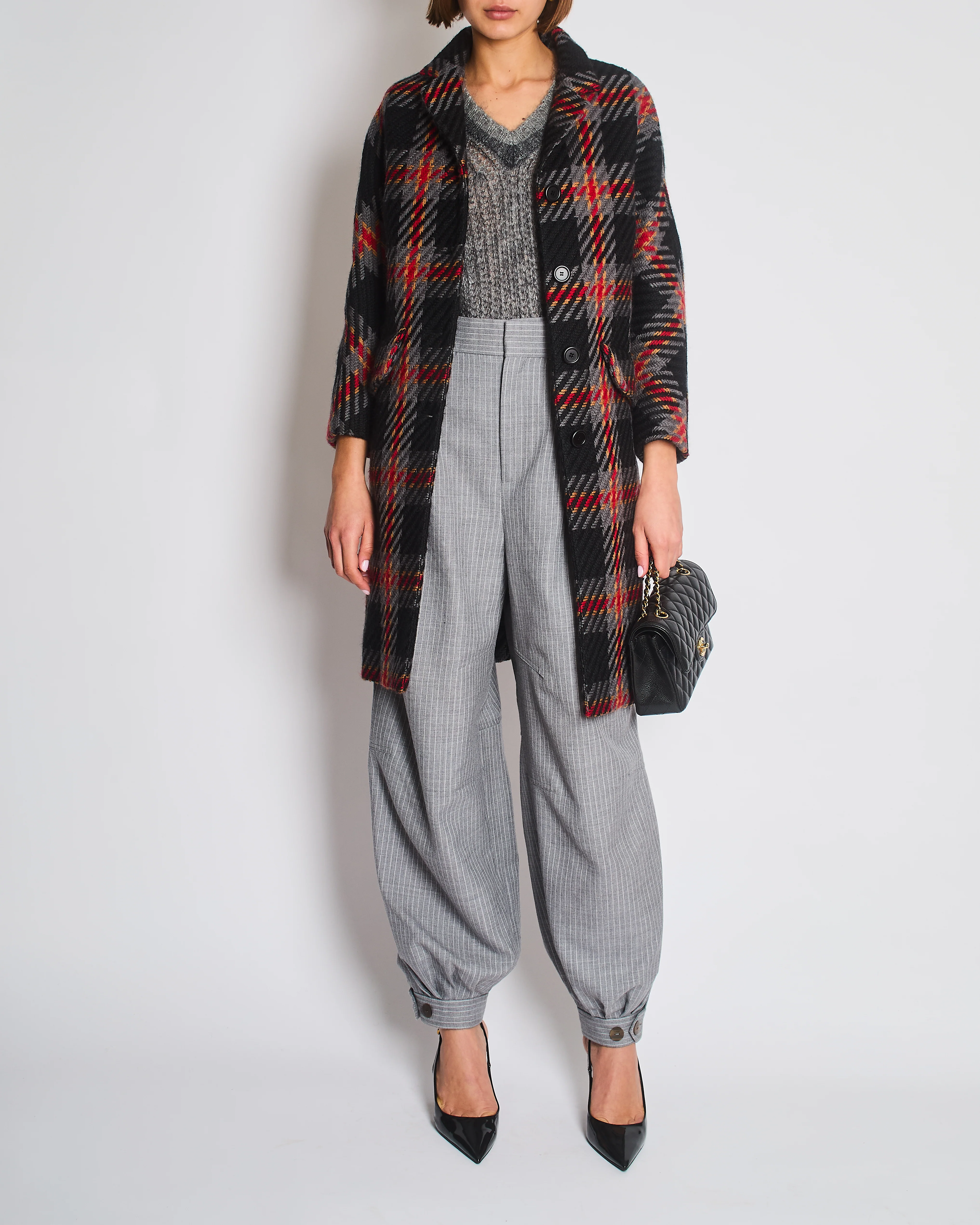 Miu Miu Grey, Black, Red, Camel Check Tweed Button Down Coat IT 38 (UK 6) - Image 2