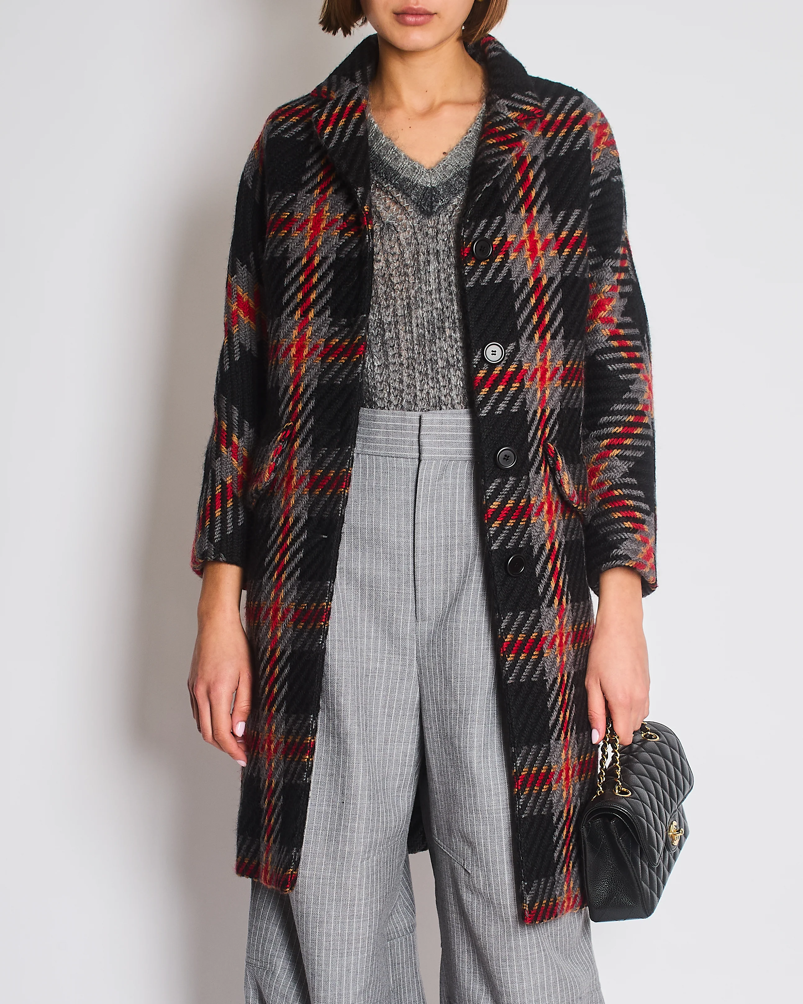 Miu Miu Grey, Black, Red, Camel Check Tweed Button Down Coat IT 38 (UK 6) - Image 3