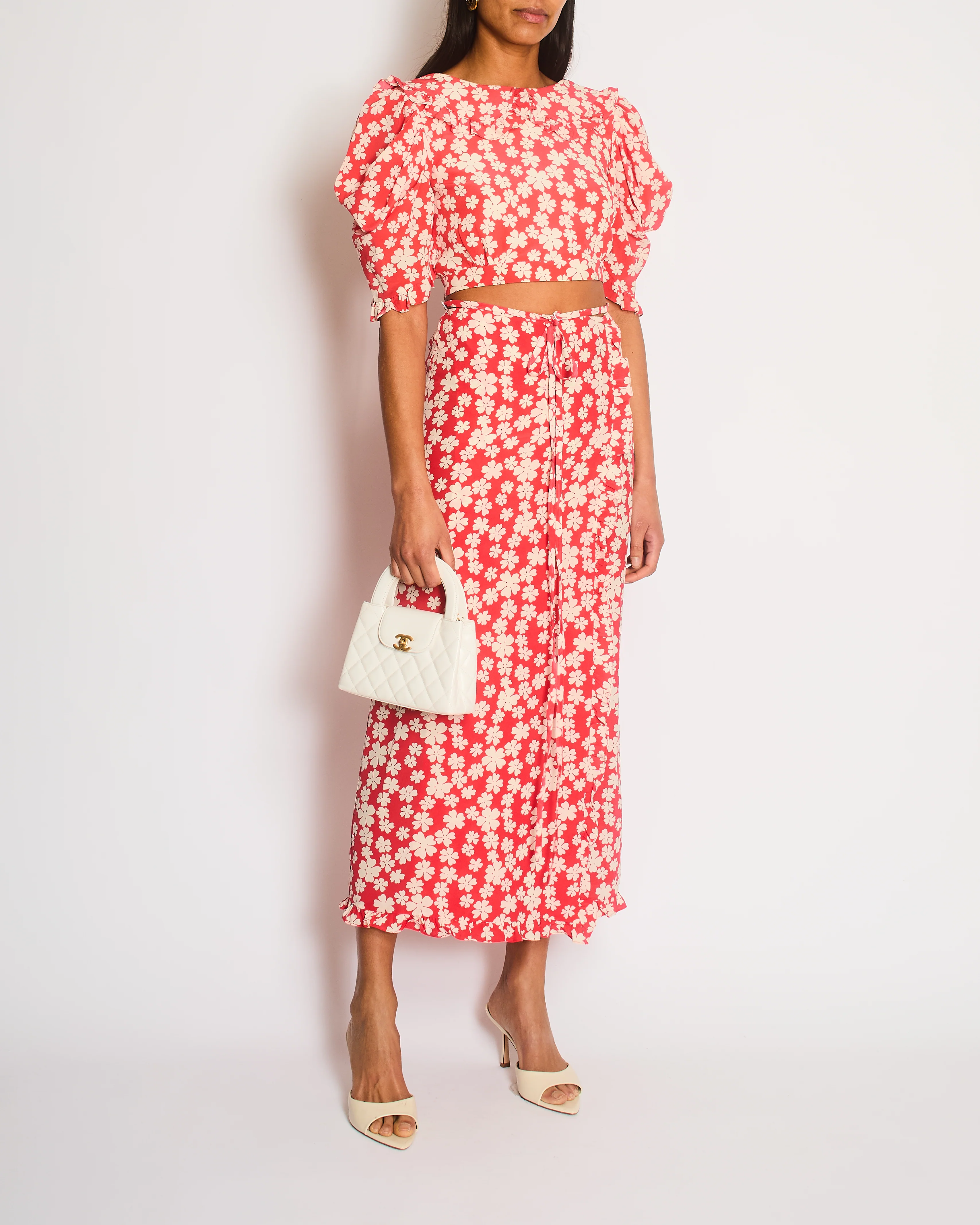 Miu Miu Red and White Floral Logo Maxi Skirt and Top Set with Small Logo Details Size IT 38 (UK 6)