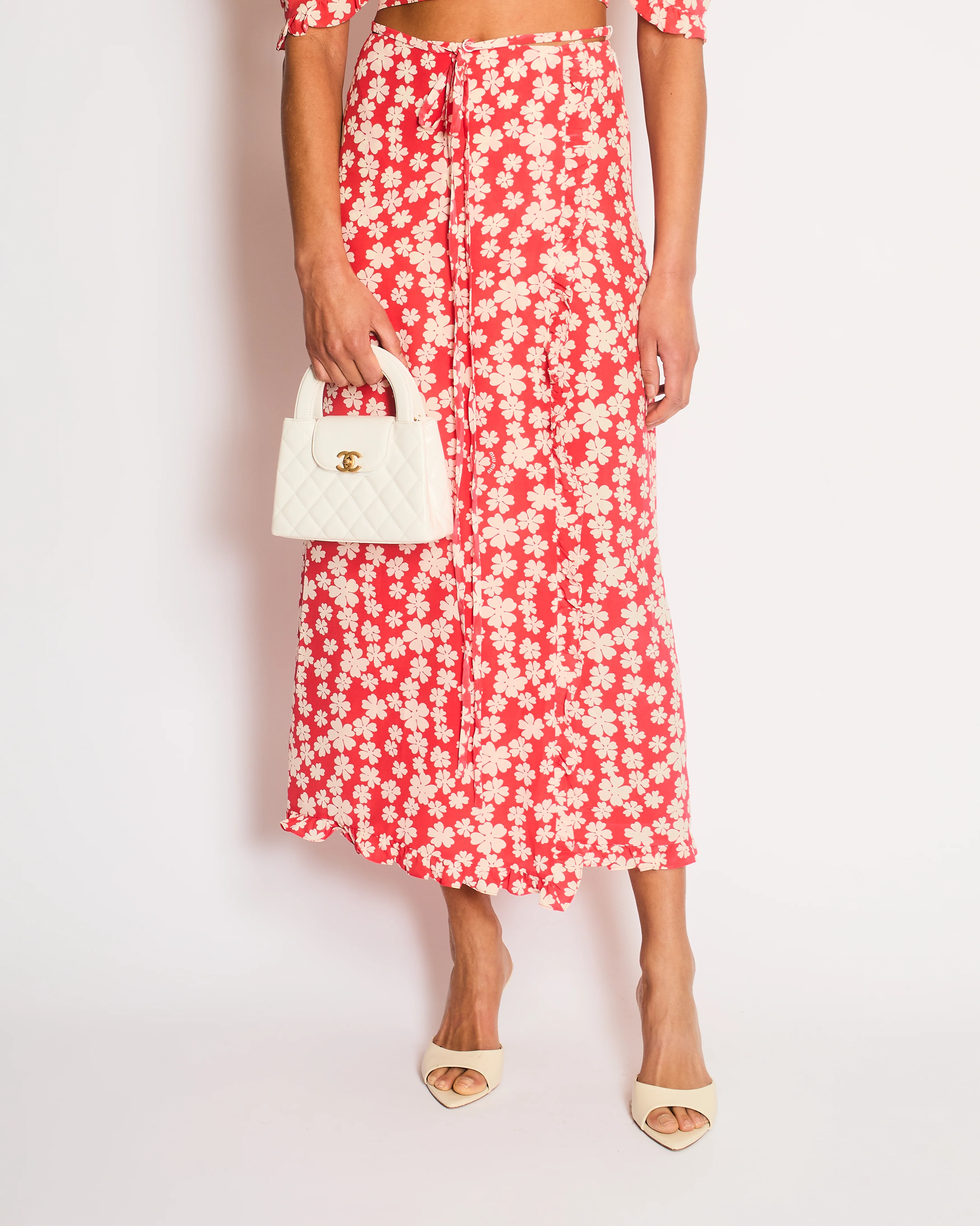 Miu Miu Red and White Floral Logo Maxi Skirt and Top Set with Small Logo Details Size IT 38 (UK 6) - Image 4