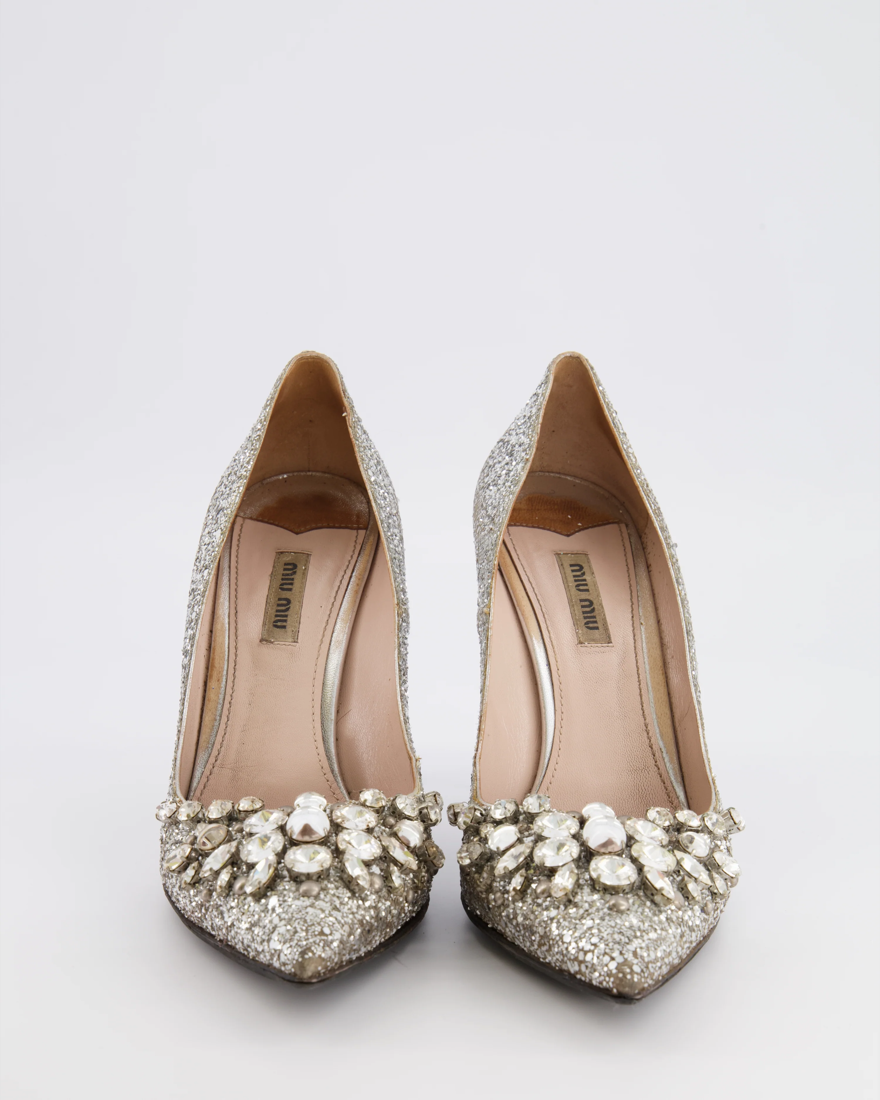 Miu Miu Silver Glitter Pumps with Crystal Embellishments Size EU 40 - Image 4