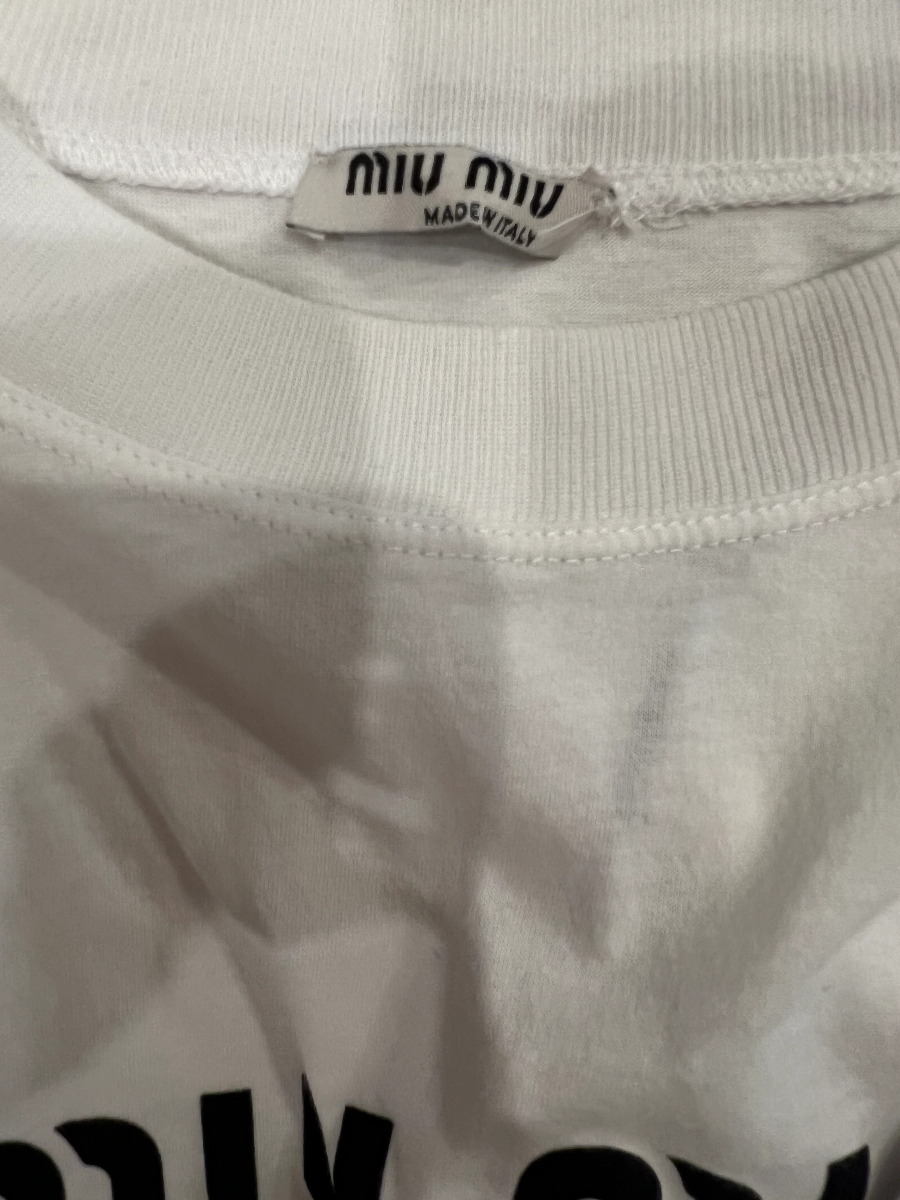 Miu Miu White Long-Sleeved Cropped Top with Front Knot Detail and Black Miu Miu Club Logo Print Size IT 42 (UK 10) - Image 6