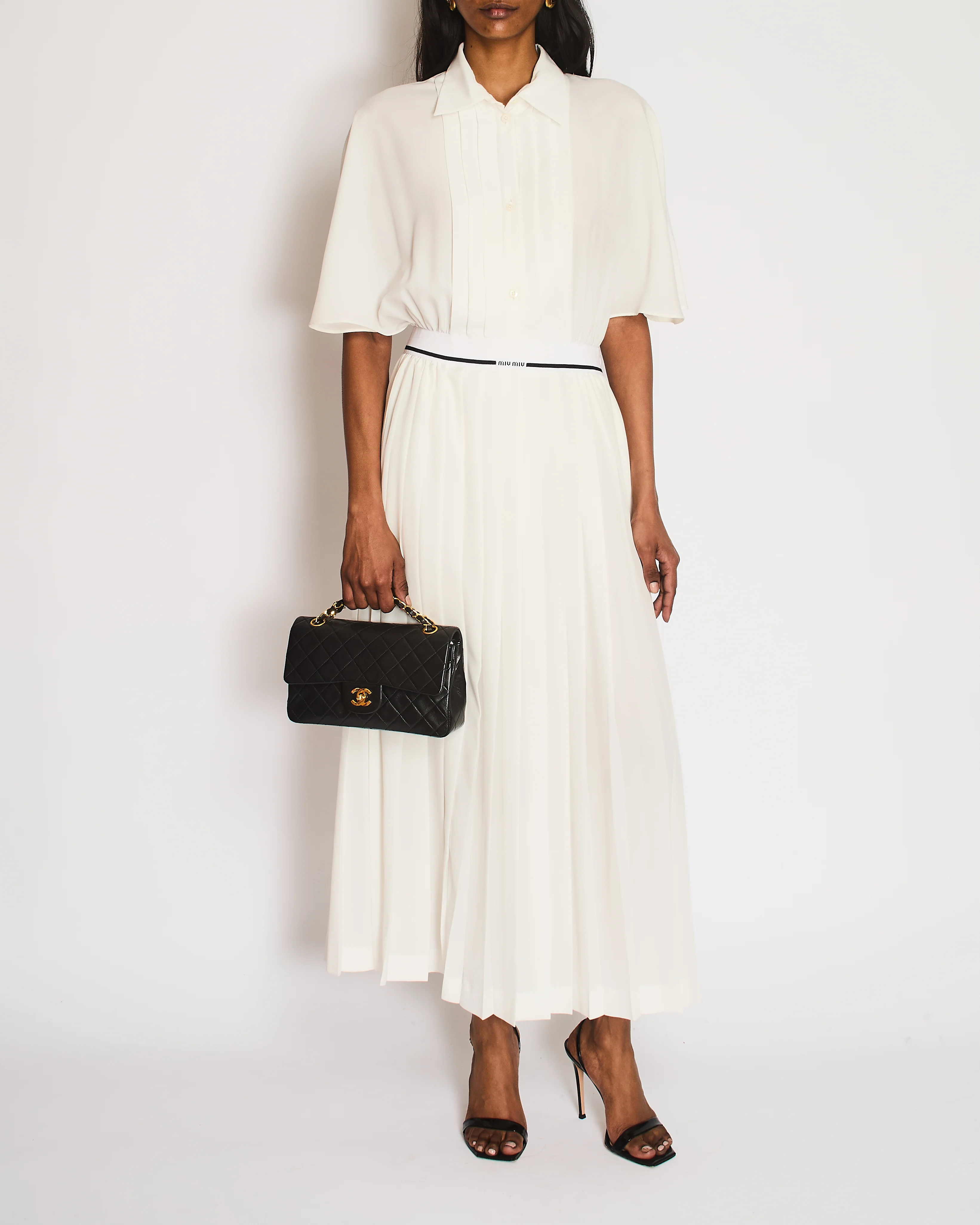 Miu Miu White Pressed Pleated Short Sleeve Dress with Logo Detail Size IT 44 (UK 12)