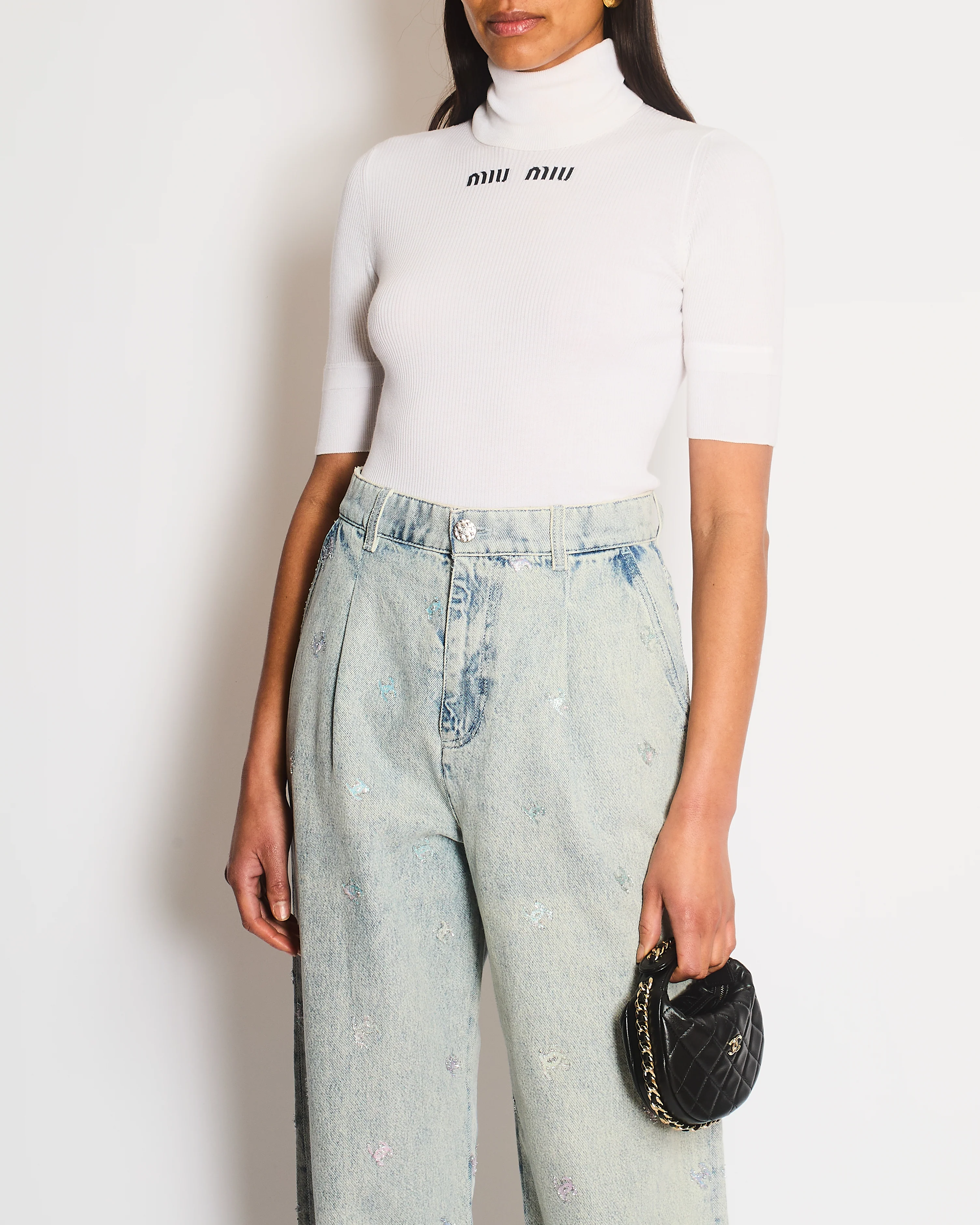 Miu Miu White Ribbed Short Sleeve Logo High Neck Jumper Size IT 38 (UK 6)