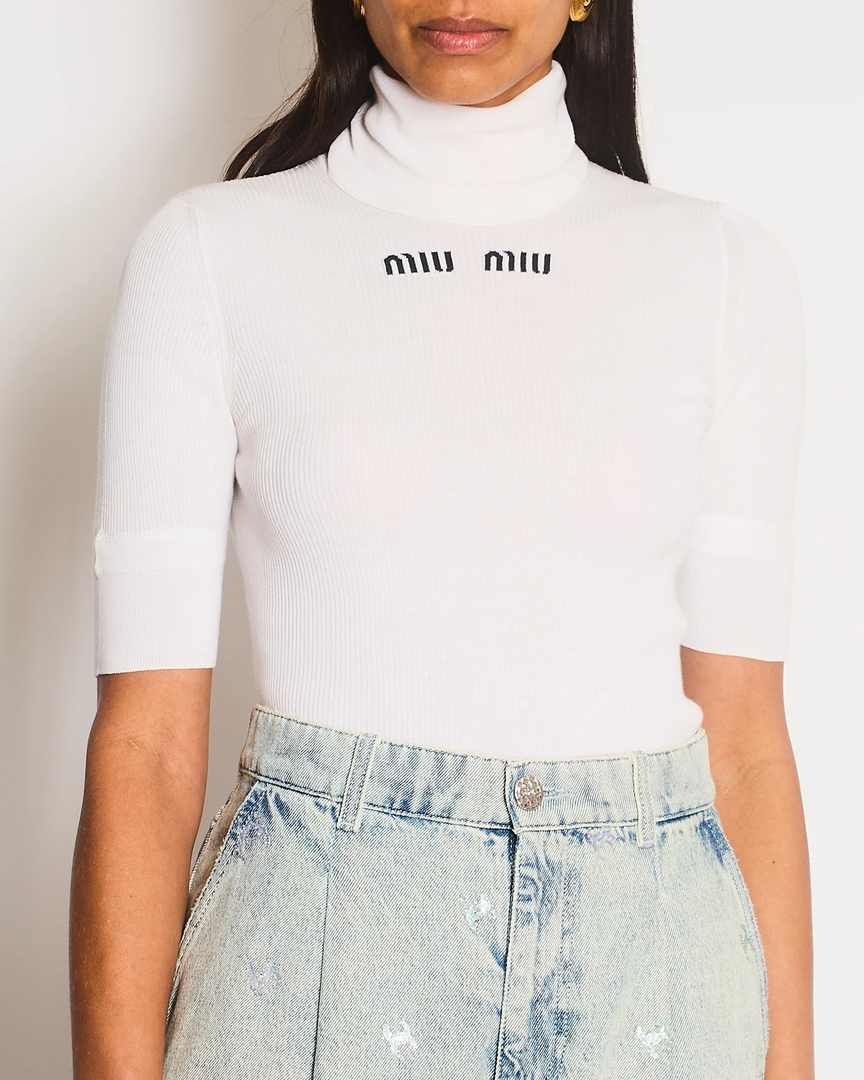 Miu Miu White Ribbed Short Sleeve Logo High Neck Jumper Size IT 38 (UK 6) - Image 2