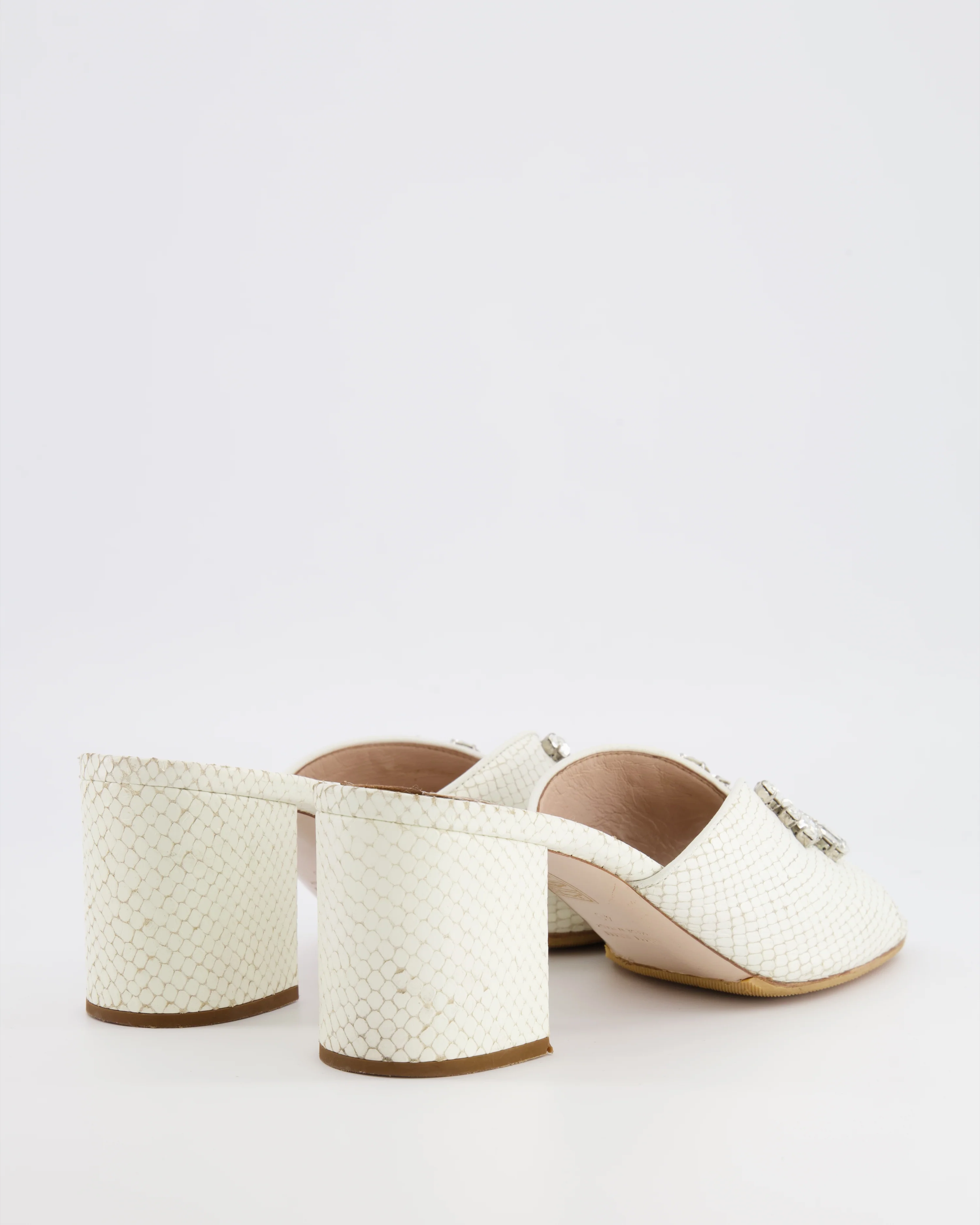 Miu Miu White Snake Embossed Leather Heeled Mules with Crystal Embellishments Size EU 40 - Image 3