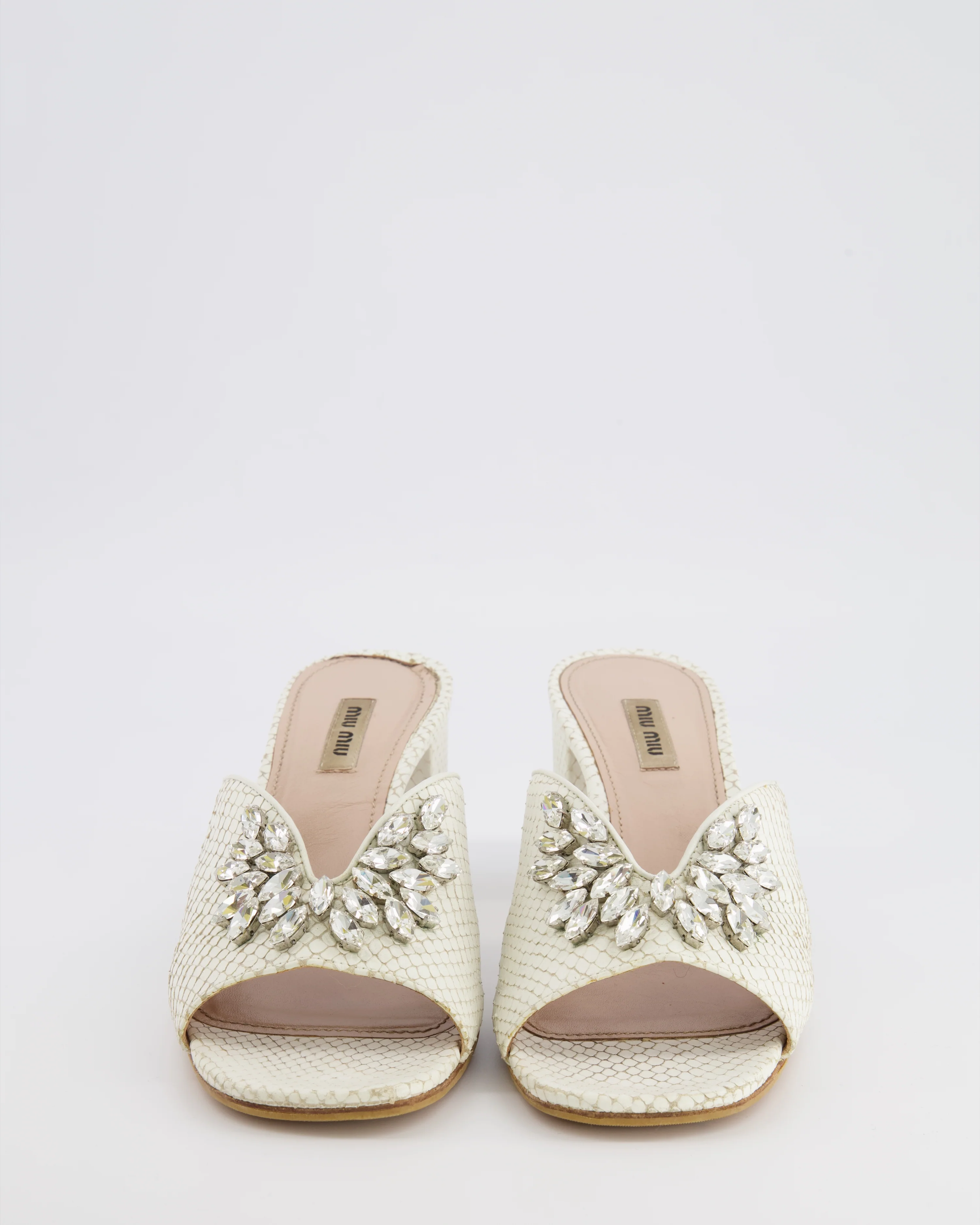Miu Miu White Snake Embossed Leather Heeled Mules with Crystal Embellishments Size EU 40 - Image 4