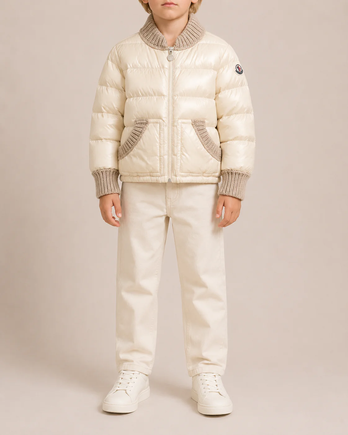 Moncler Kids Cream Puffer Jacket with Beige Knit Details Size 8 years RRP £500