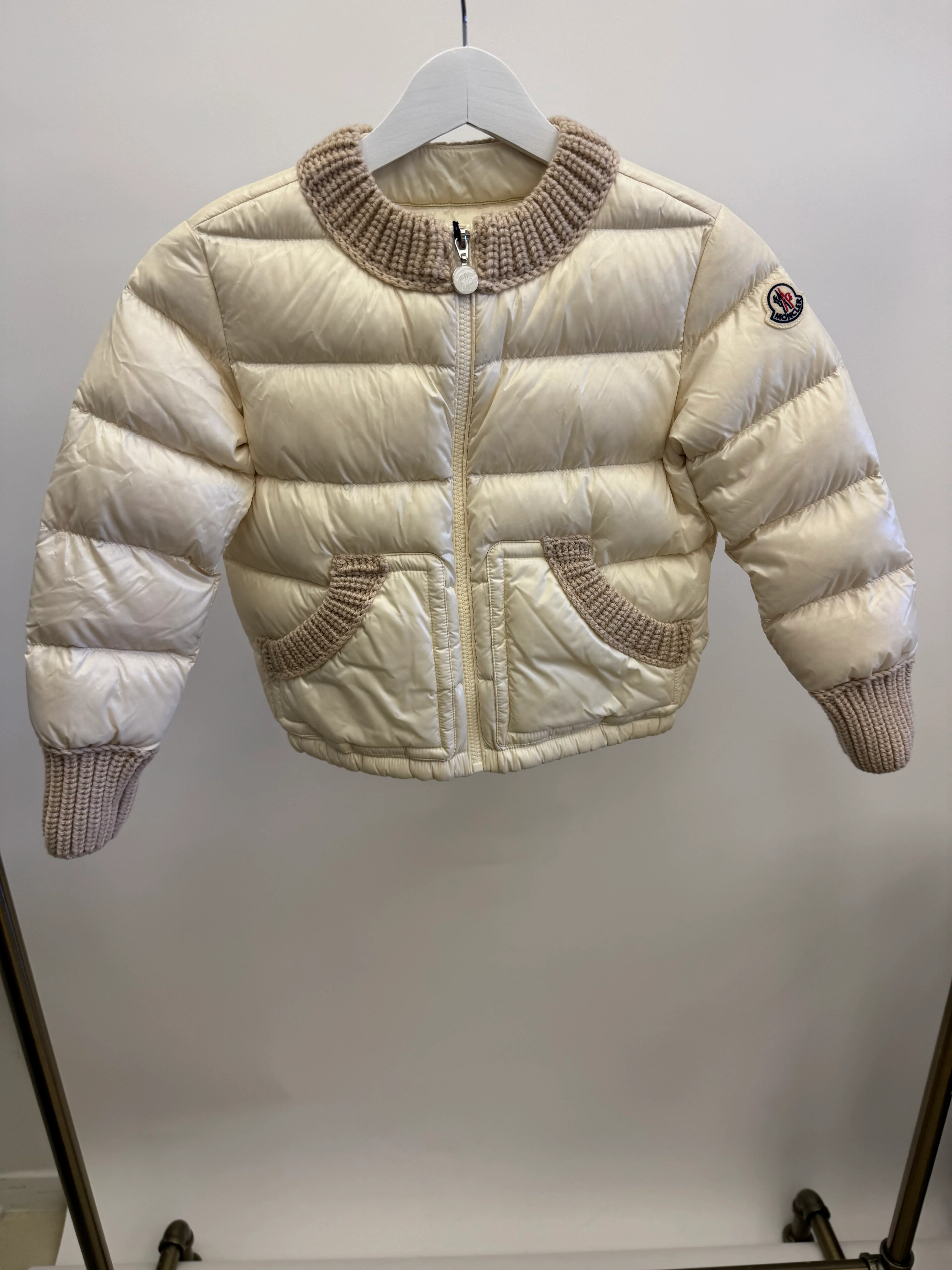 Moncler Kids Cream Puffer Jacket with Beige Knit Details Size 8 years RRP £500 - Image 3