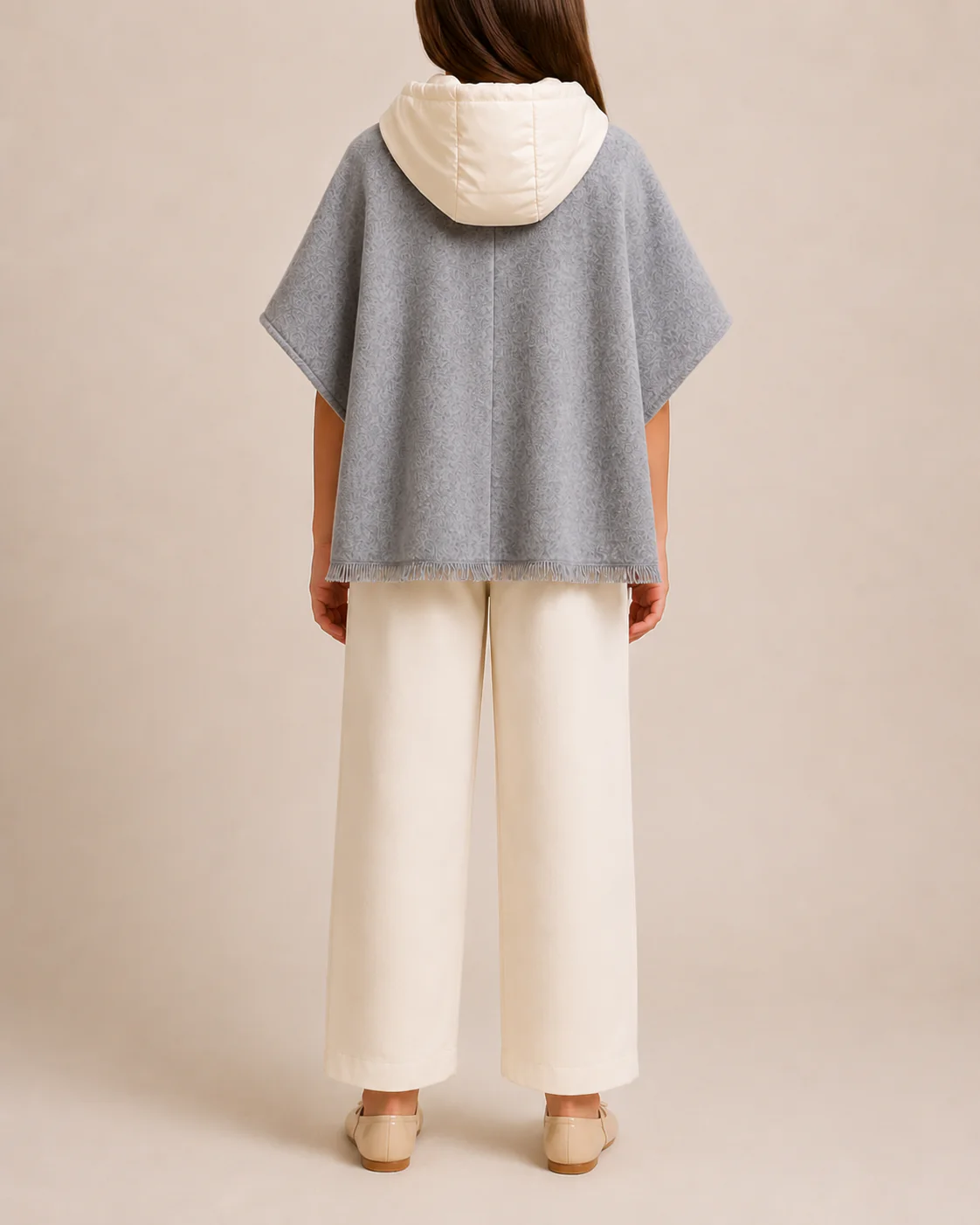 Moncler Kids Grey Wool Cape with Cream Rain Jacket Details and Logos Size S RRP £415 - Image 2