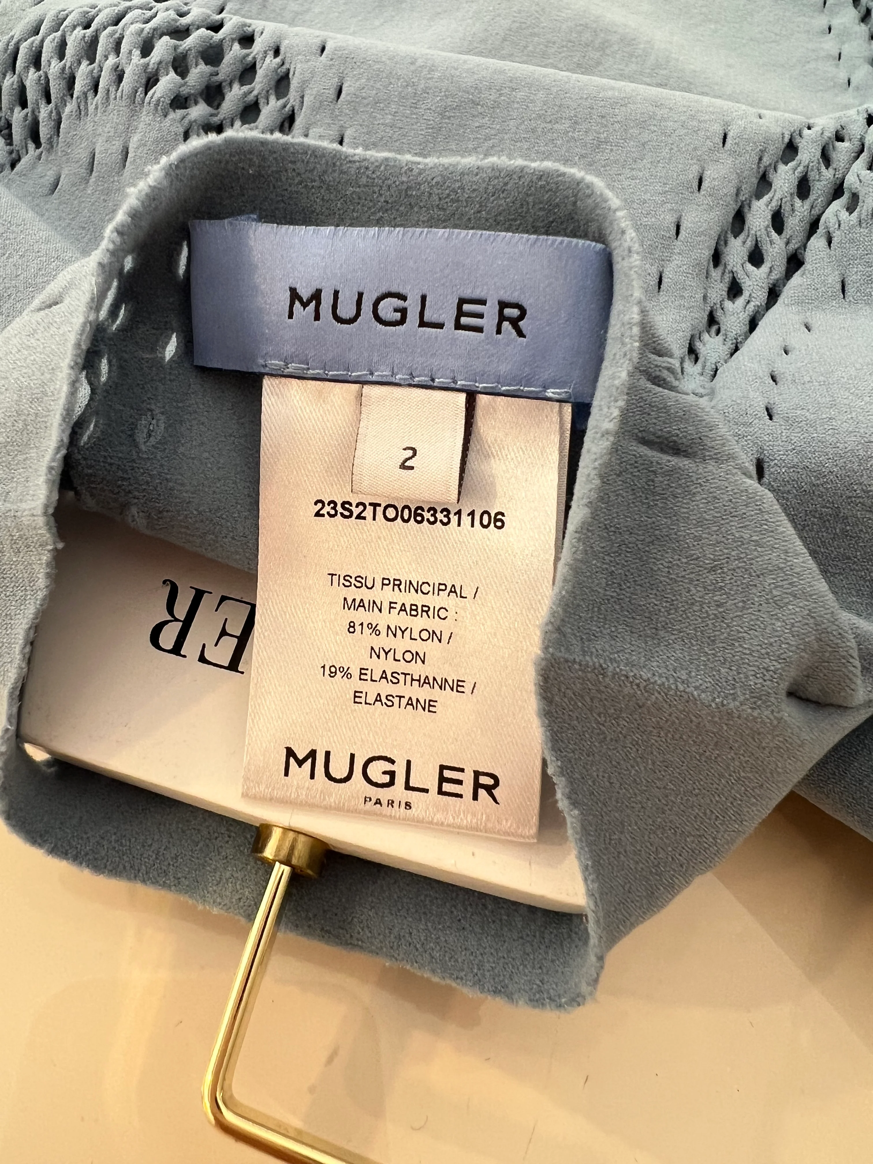 Mugler Baby Blue Perforated Long Sleeved Top with Silver Star Detail Size US 2 (UK 6) - Image 4