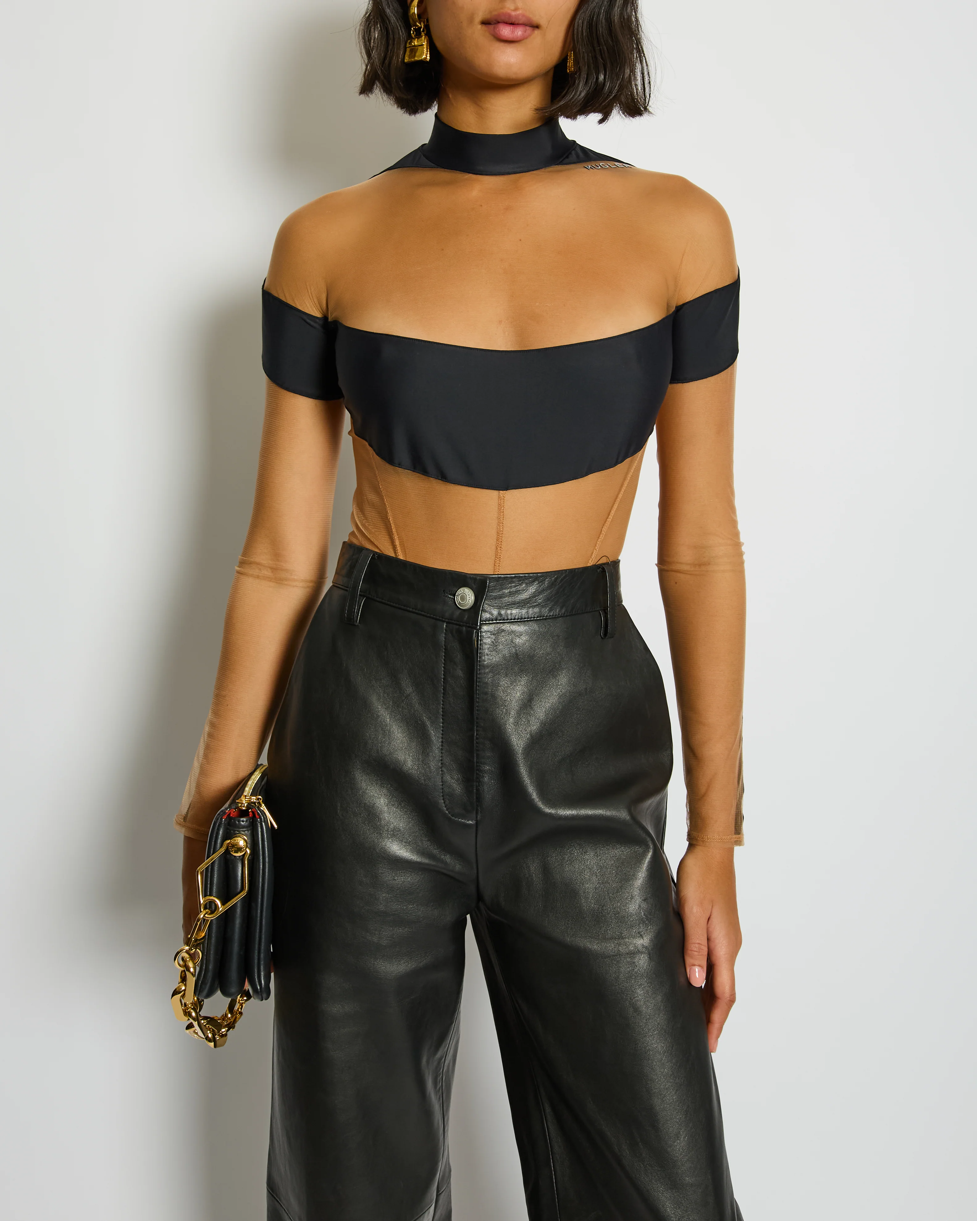 Mugler Black Mesh Mid-Neck Long Sleeve Bodysuit with Logo Detail Size FR 40 UK 12)