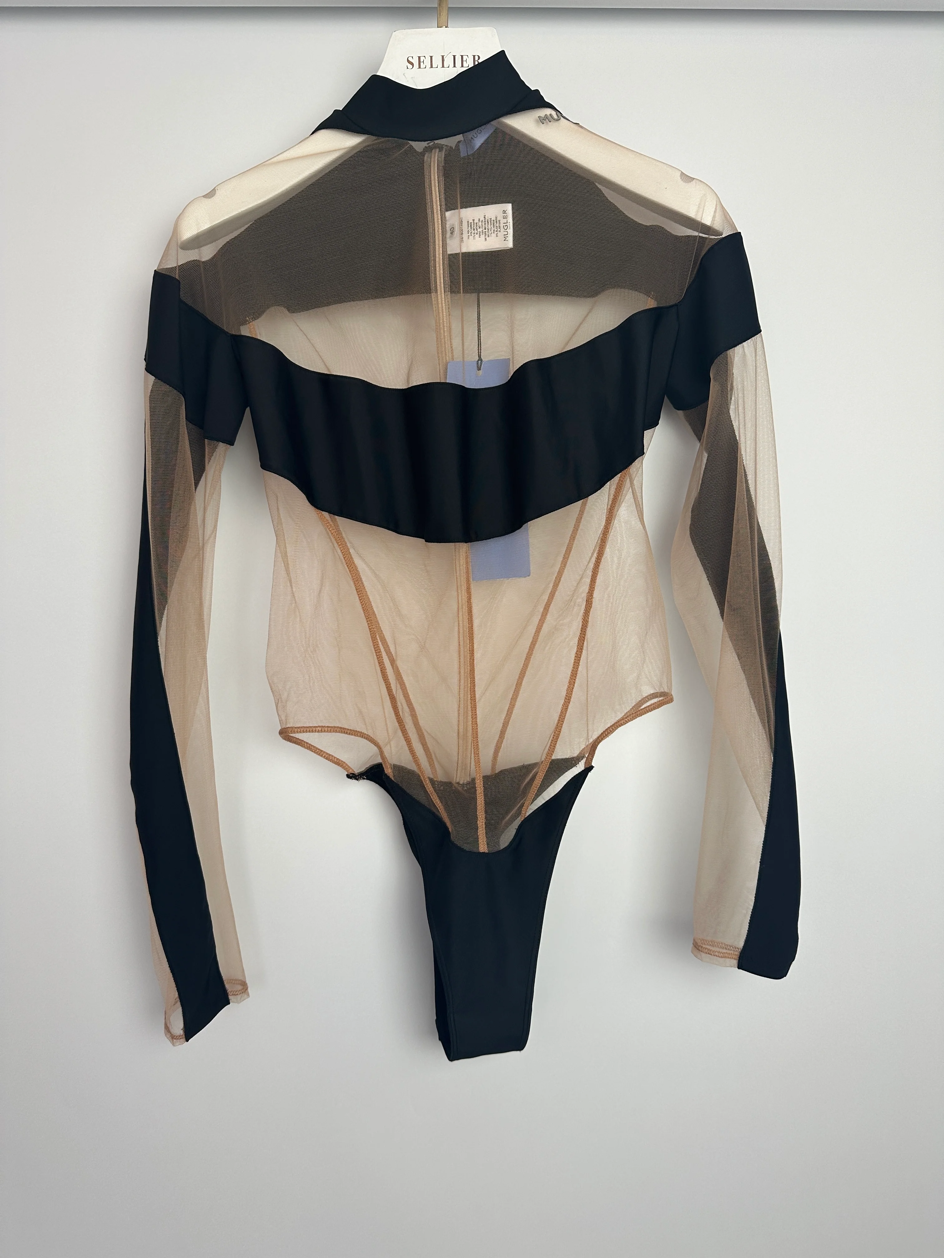 Mugler Black Mesh Mid-Neck Long Sleeve Bodysuit with Logo Detail Size FR 40 UK 12) - Image 11