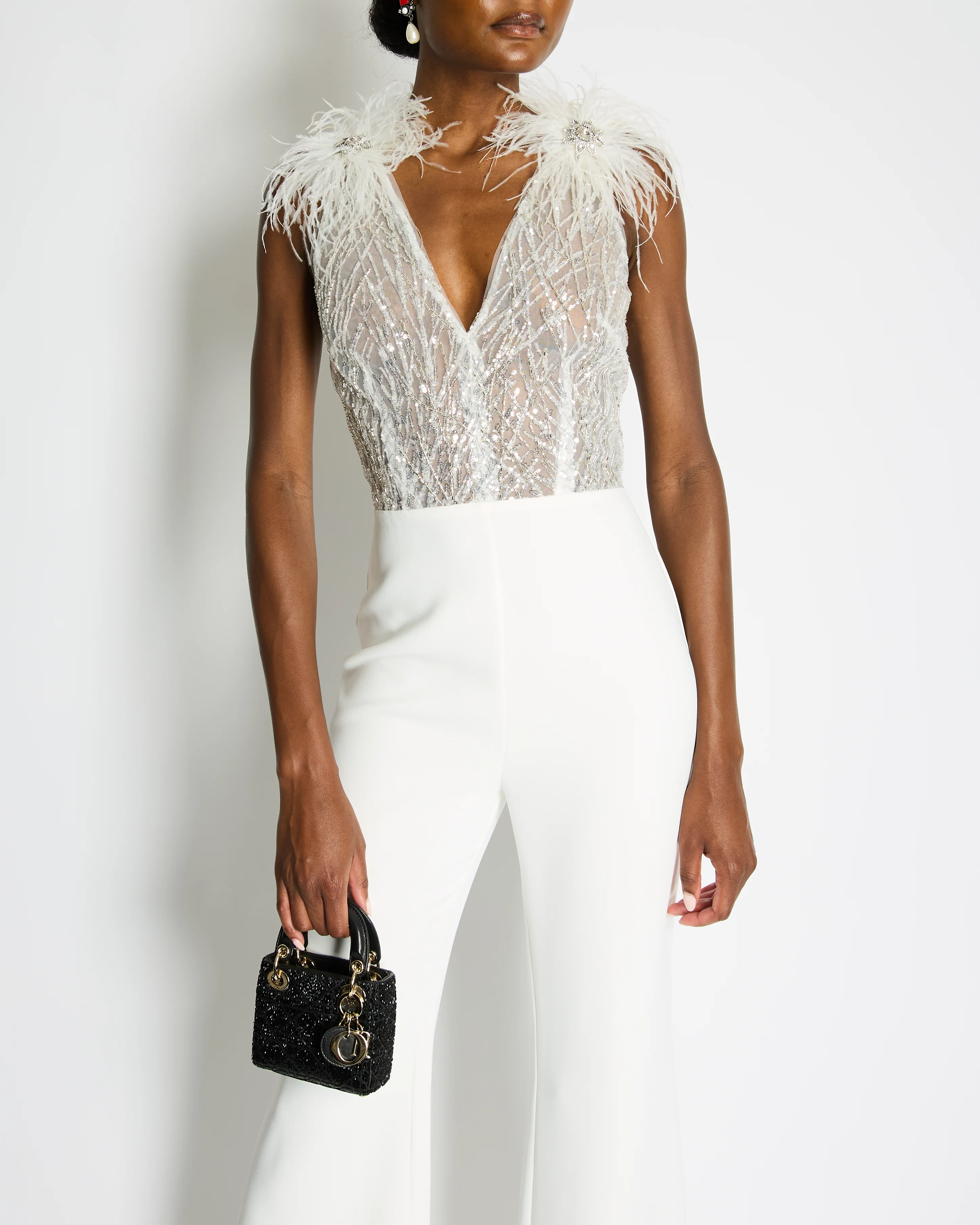 Nadine Merabi White Sequin and Feather Embellished Sleeveless Jumpsuit Size UK 8 - Image 3