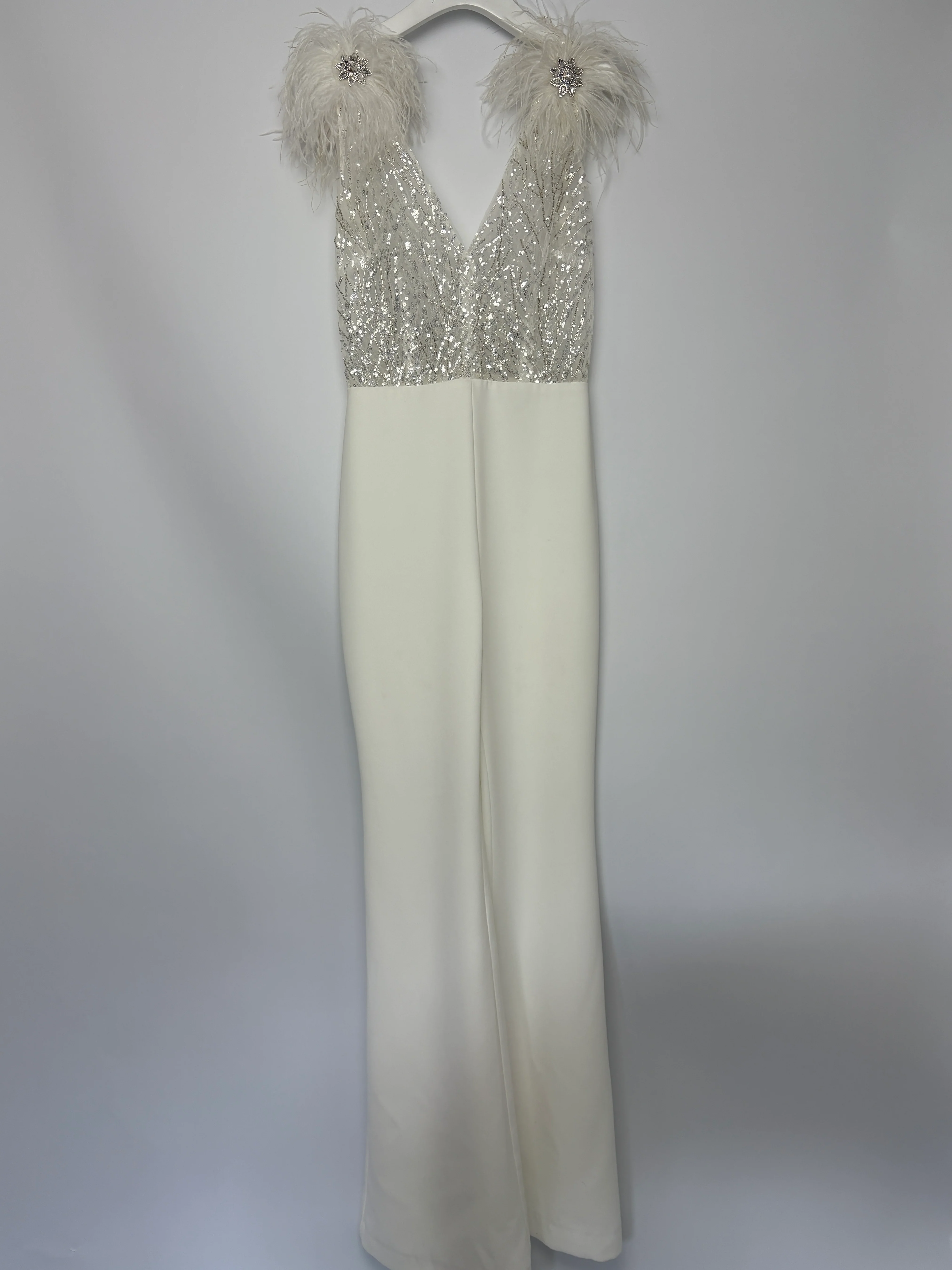 Nadine Merabi White Sequin and Feather Embellished Sleeveless Jumpsuit Size UK 8 - Image 8