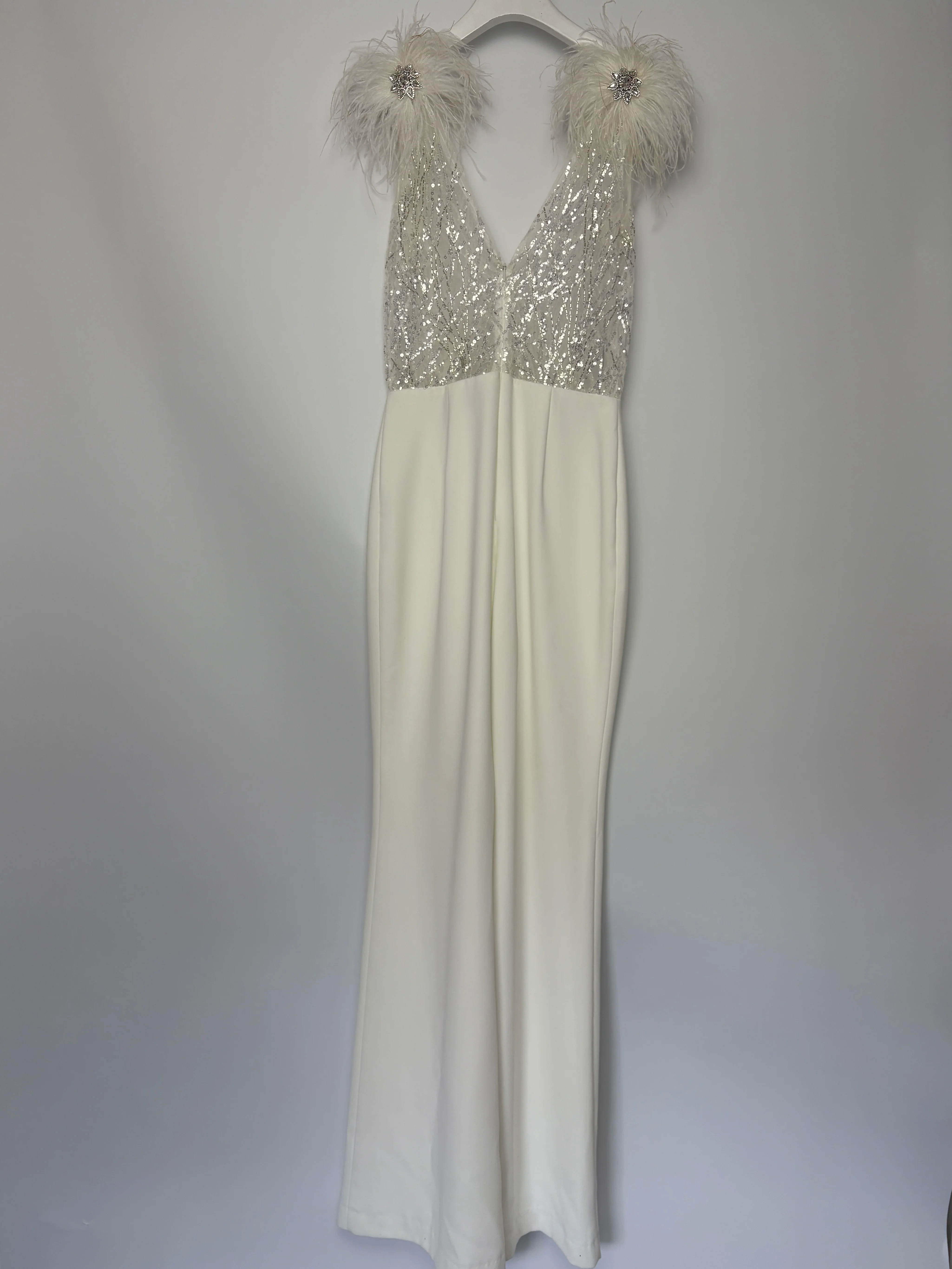 Nadine Merabi White Sequin and Feather Embellished Sleeveless Jumpsuit Size UK 8 - Image 9