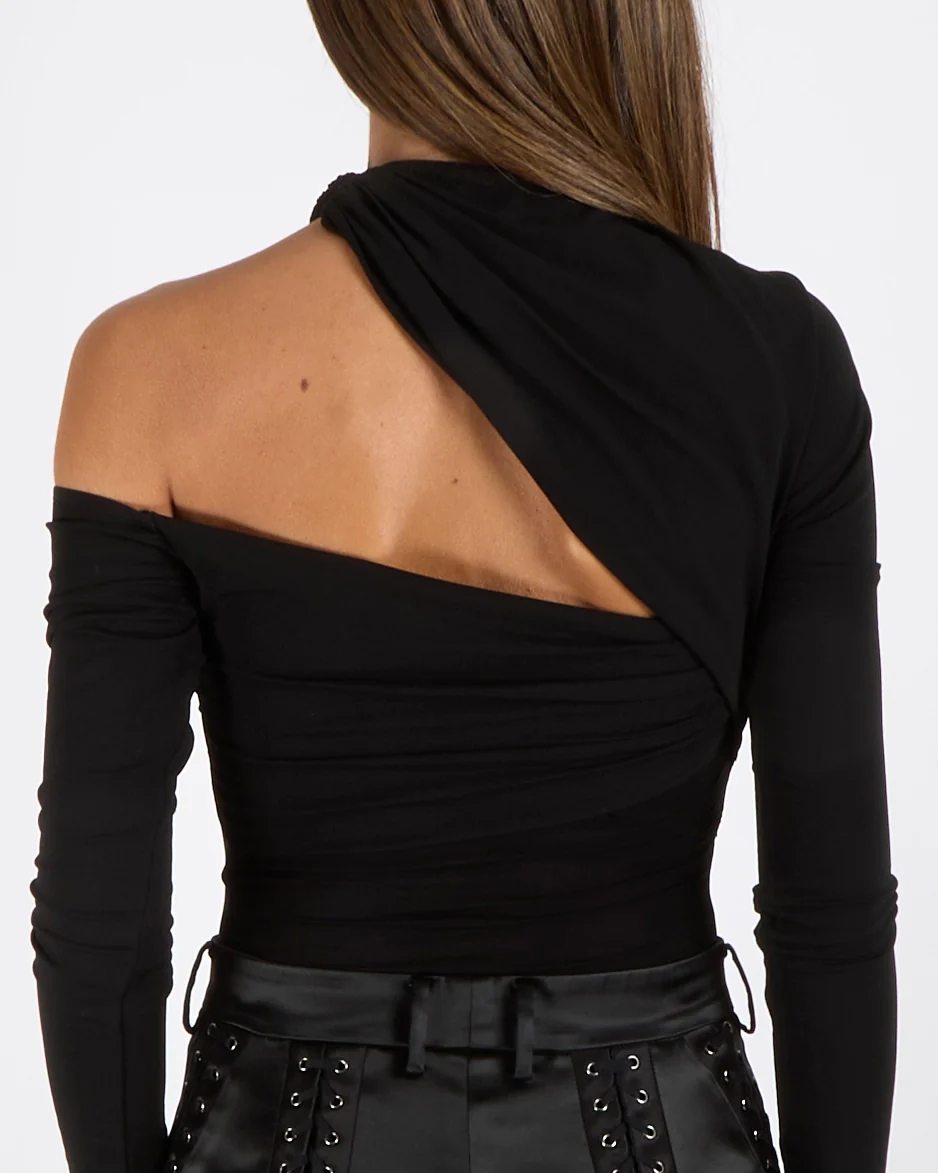 Nensi Dojaka Black Mesh Asymmetric Bodysuit with Sheer Side Details Size M (UK 10) - Image 4