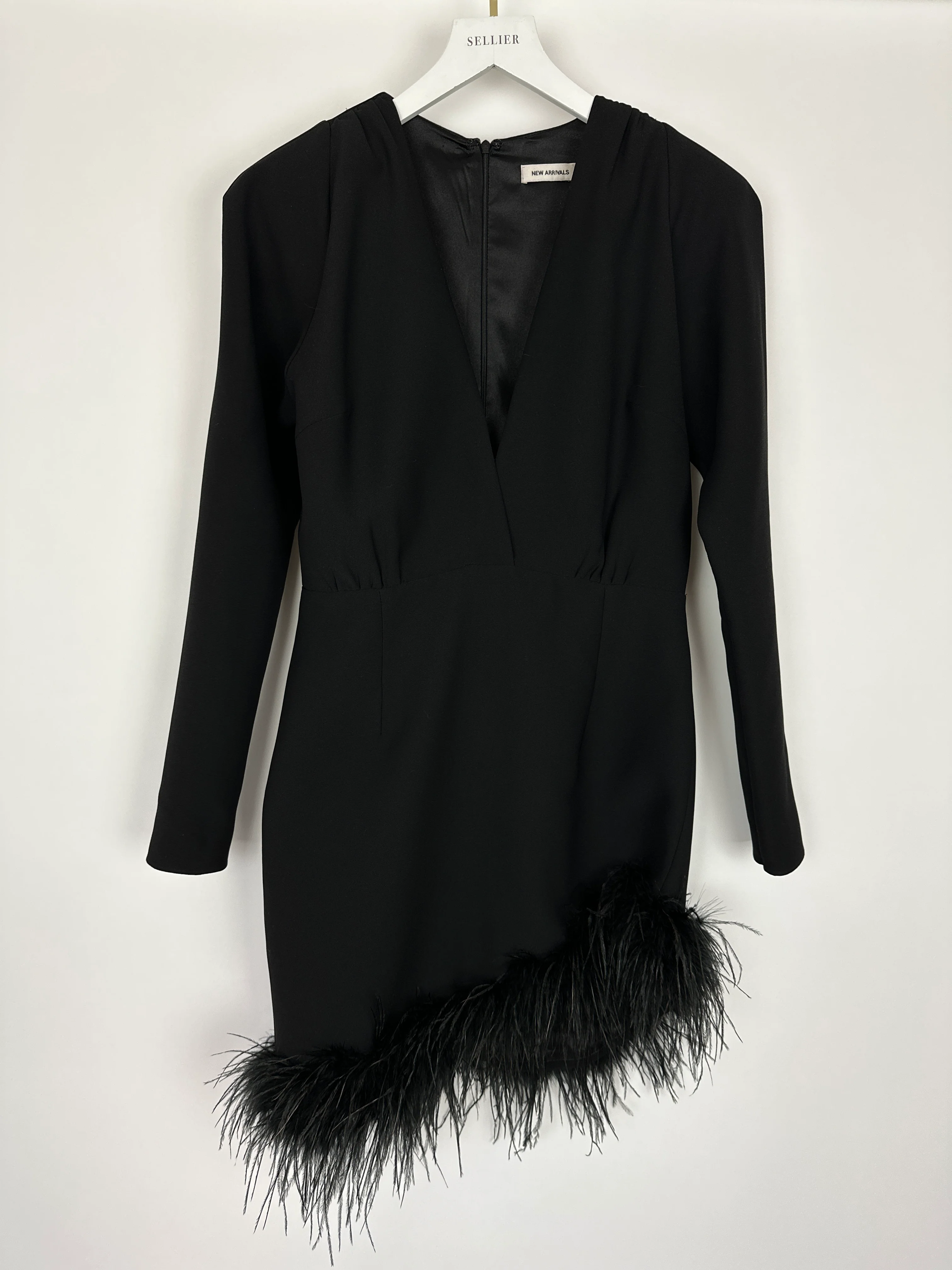 New Arrivals Black Long Sleeve V-Neck Mini Dress With Shoulder Pads and Feather Hem FR 40 (UK 12) - Image 4