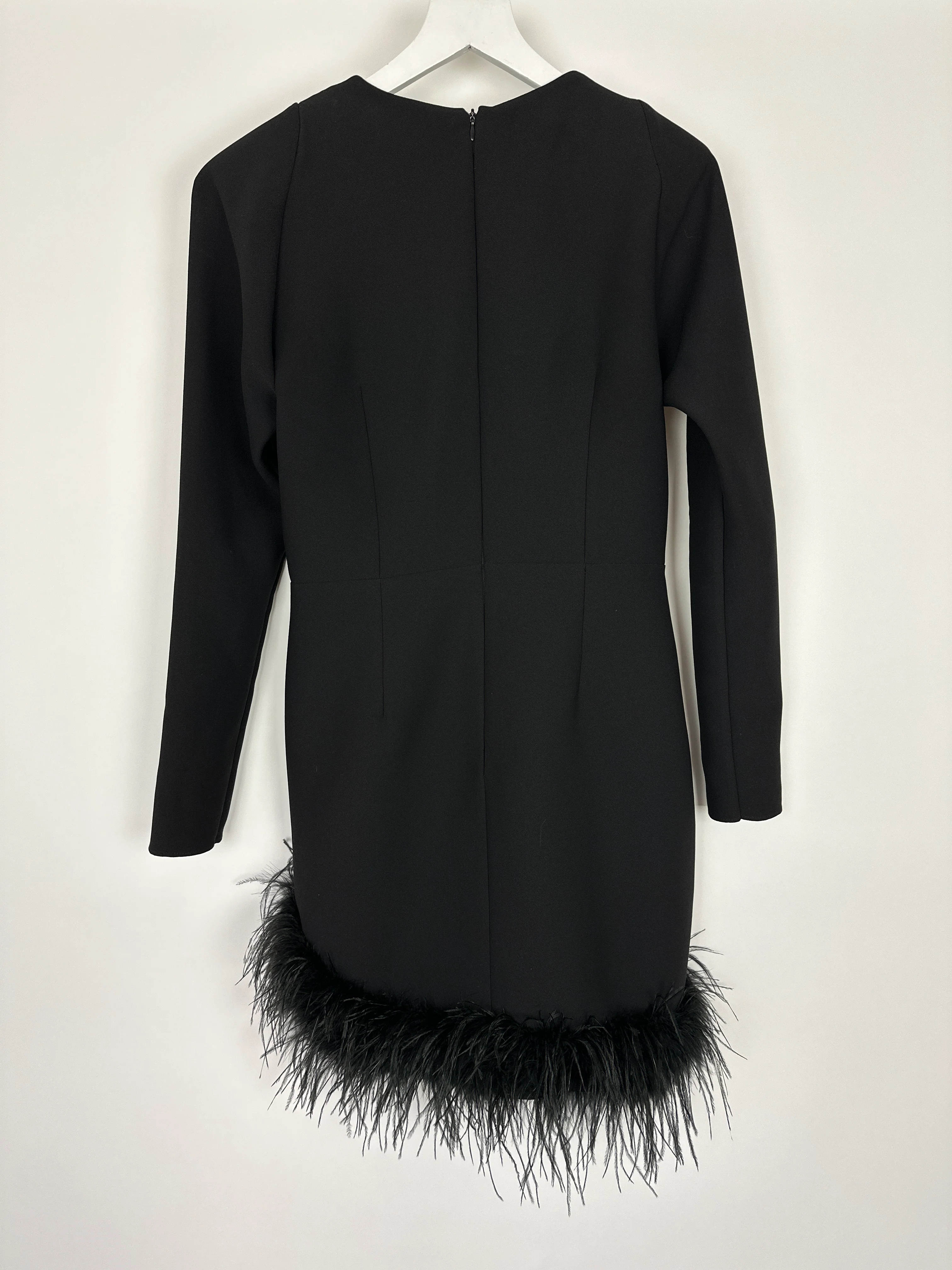 New Arrivals Black Long Sleeve V-Neck Mini Dress With Shoulder Pads and Feather Hem FR 40 (UK 12) - Image 5