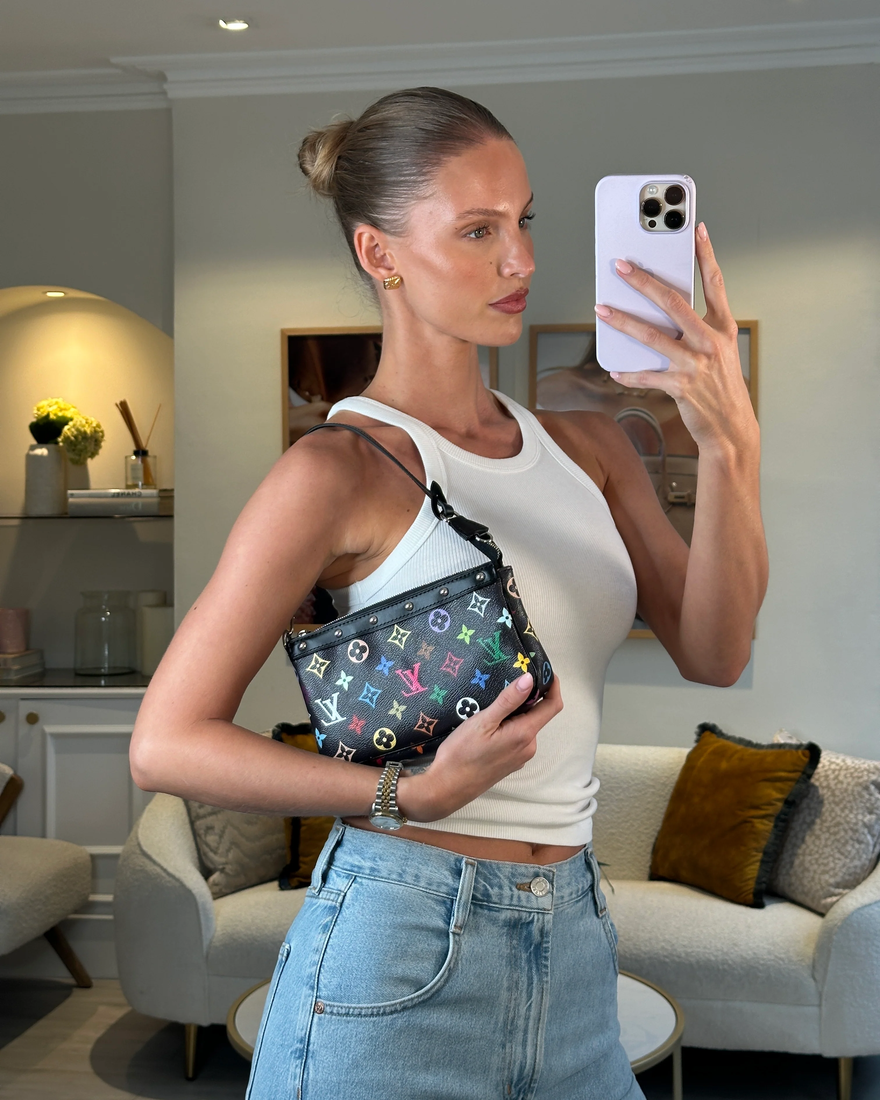 *NEW* Louis Vuitton X Takashi Murakami Black Pochette Accessories Bag in Coated Canvas & Calfskin Leather with Silver Hardware - Image 2