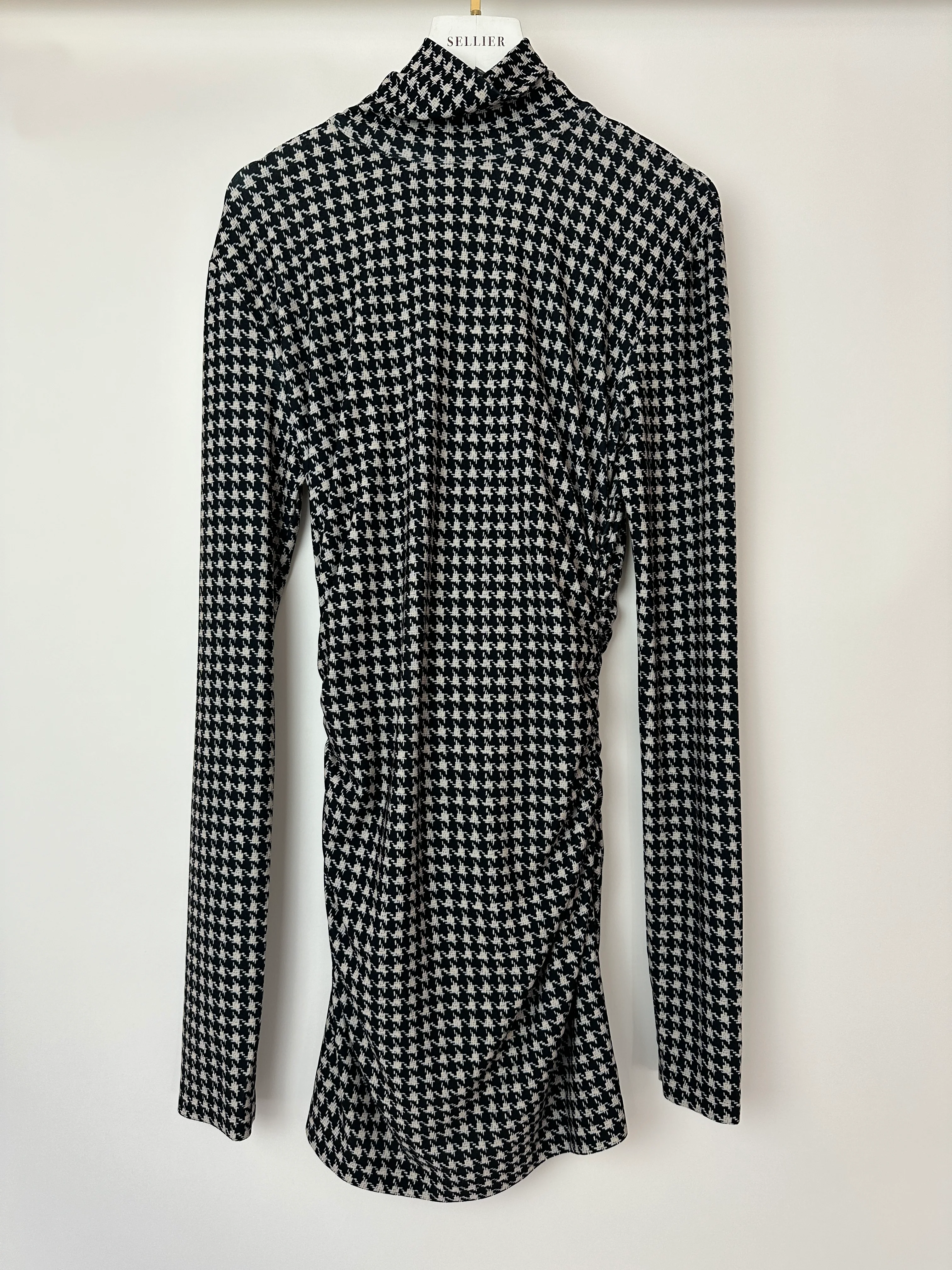 Norma Kamali Black and beige Houndstooth Ruched Long Sleeve Mini Dress Size S (UK 8) - Image 10