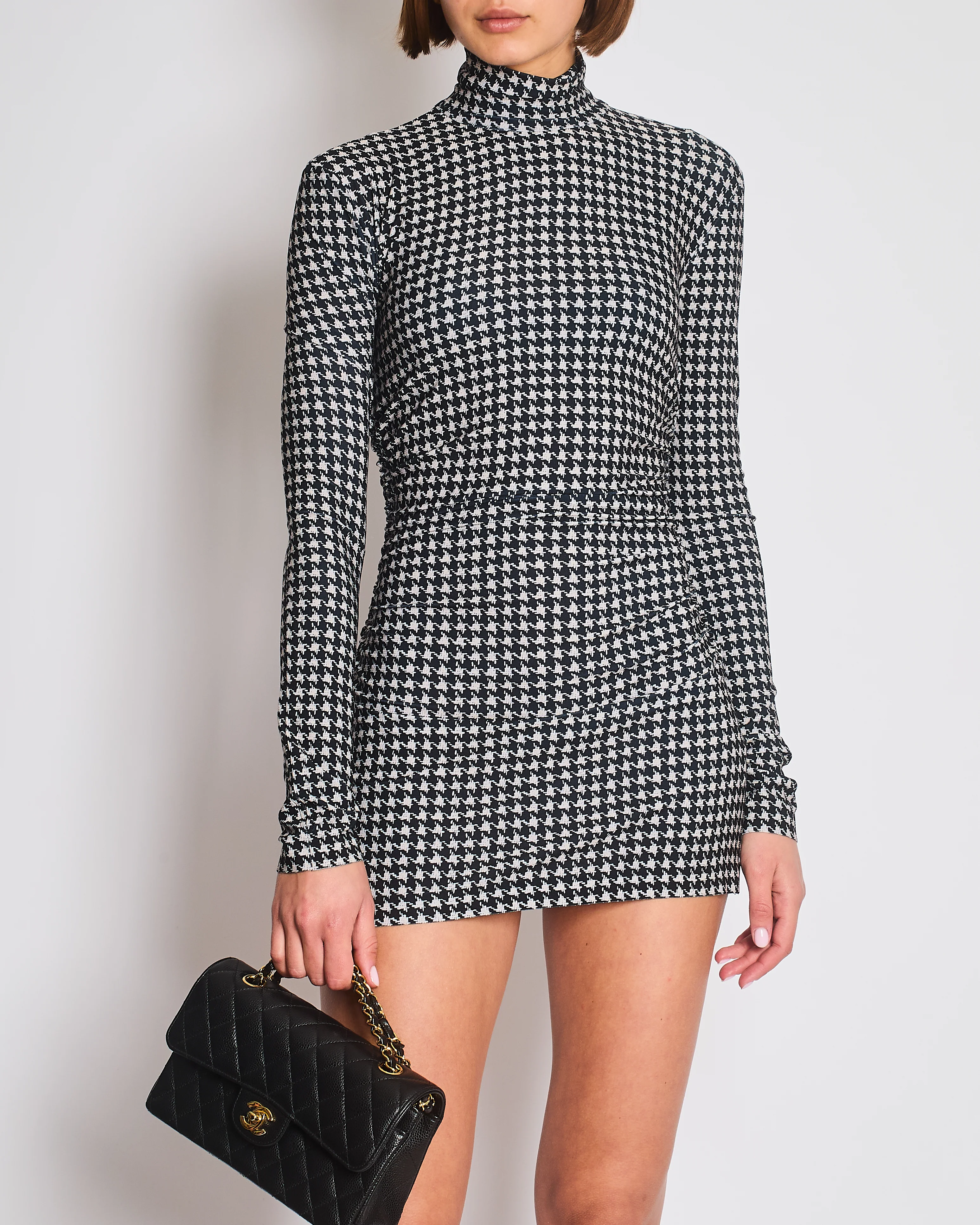 Norma Kamali Black and beige Houndstooth Ruched Long Sleeve Mini Dress Size S (UK 8) - Image 3