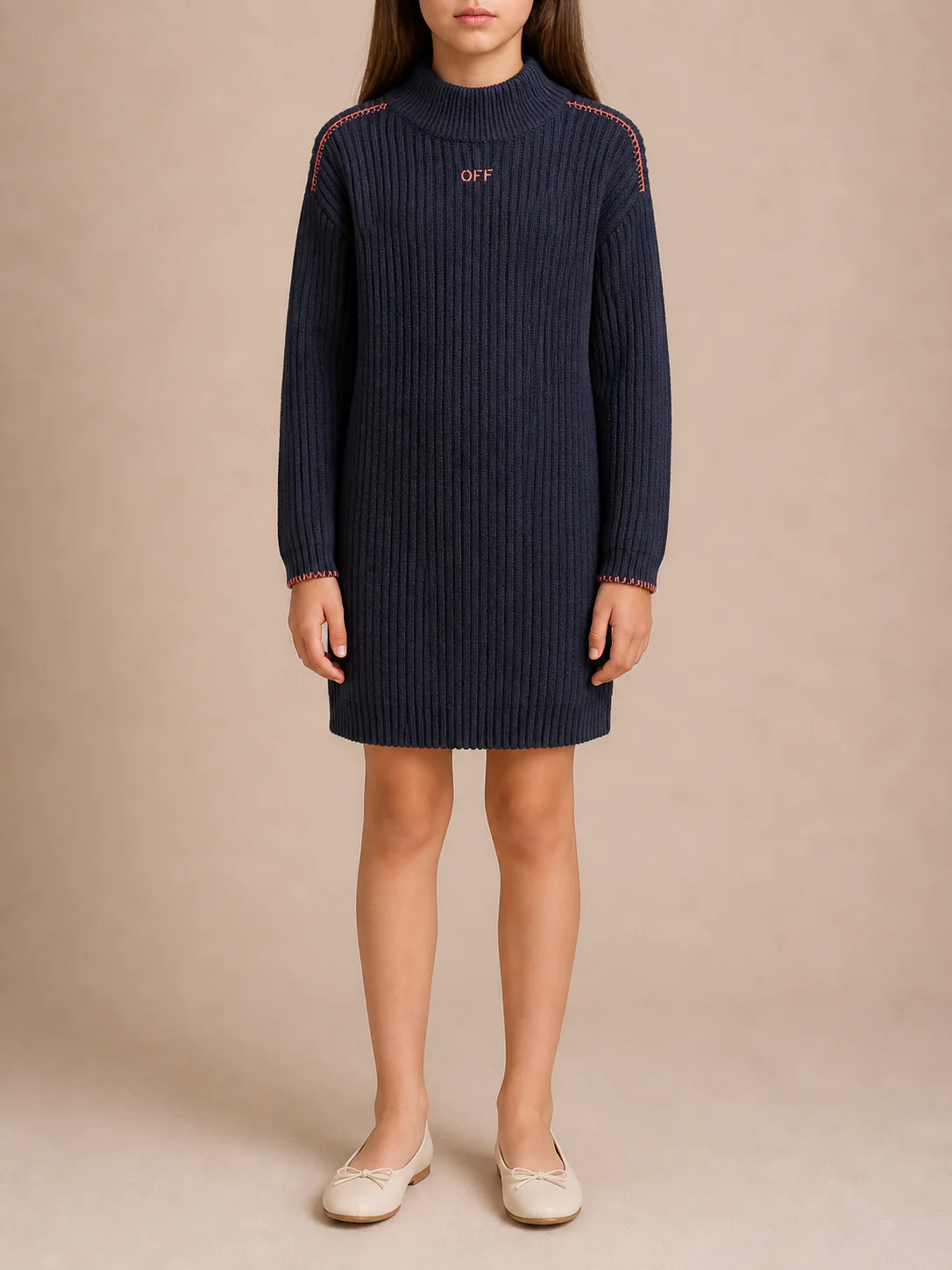 Off-White Kids Midnight Blue Knit Long-Sleeve Dress with Pink Logo Size 10 years 