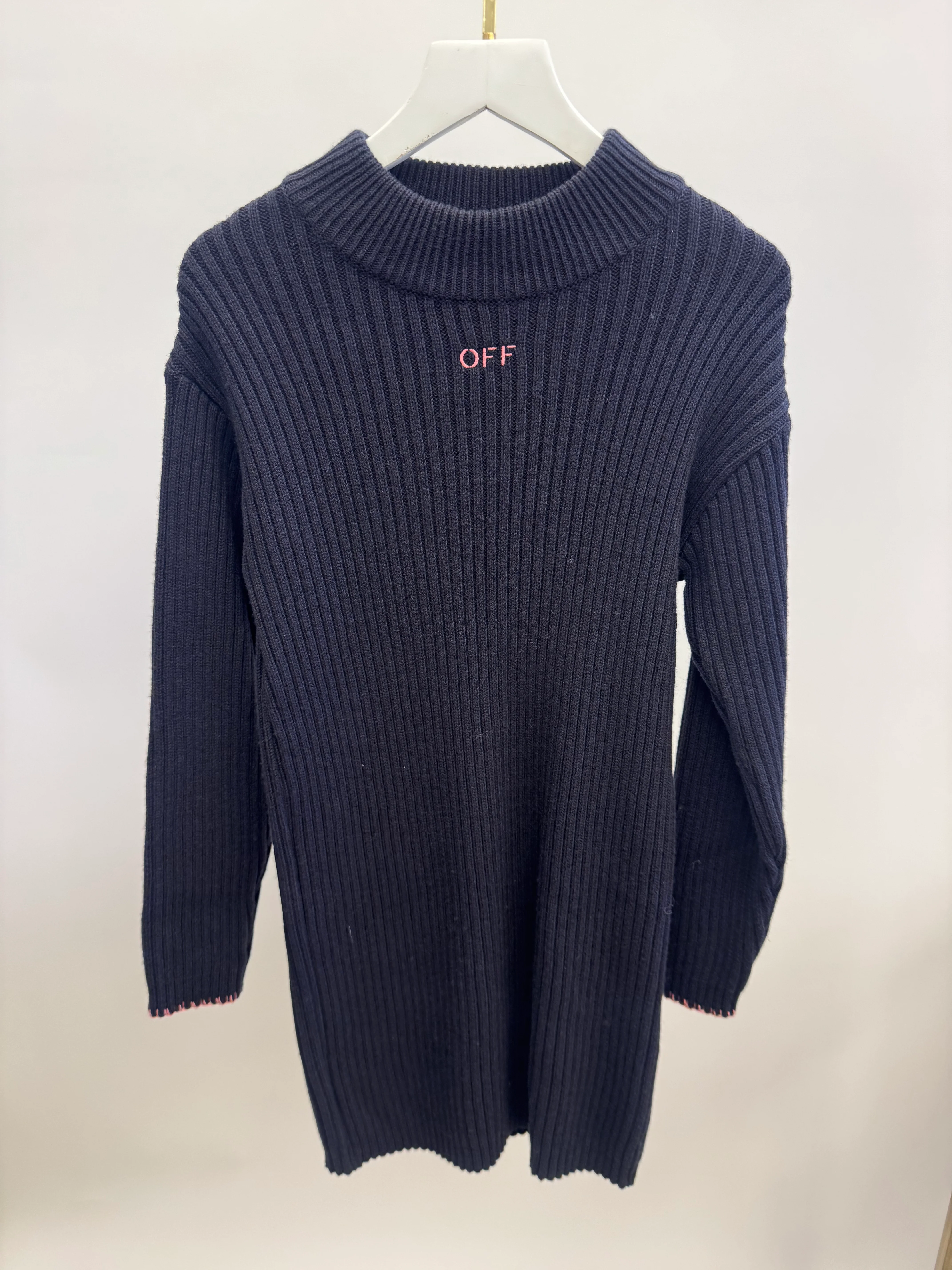 Off-White Kids Midnight Blue Knit Long-Sleeve Dress with Pink Logo Size 10 years - Image 3