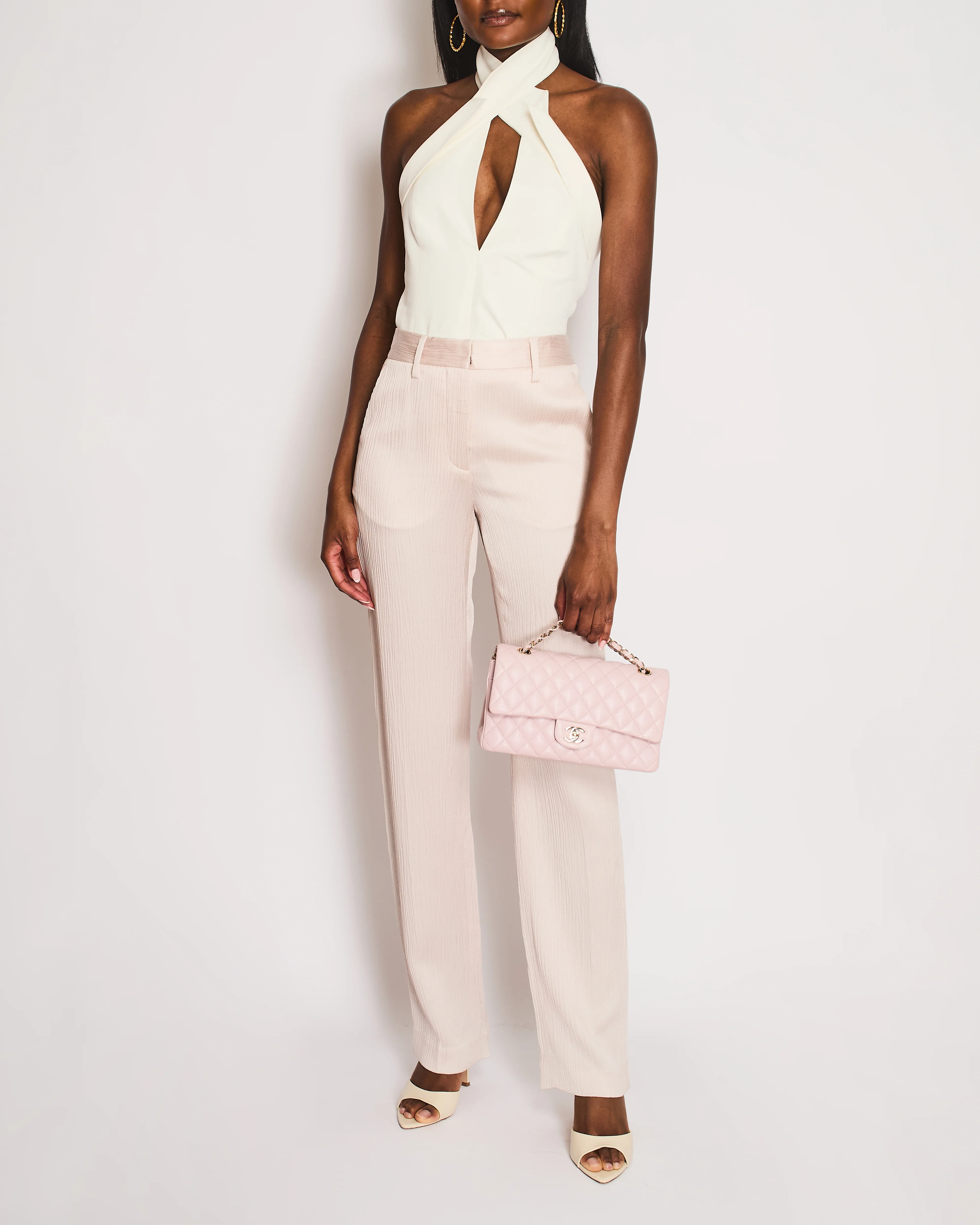 Off-White Light Pink Ribbed Satin Formal Straight Leg Trousers IT 38 (UK 6)