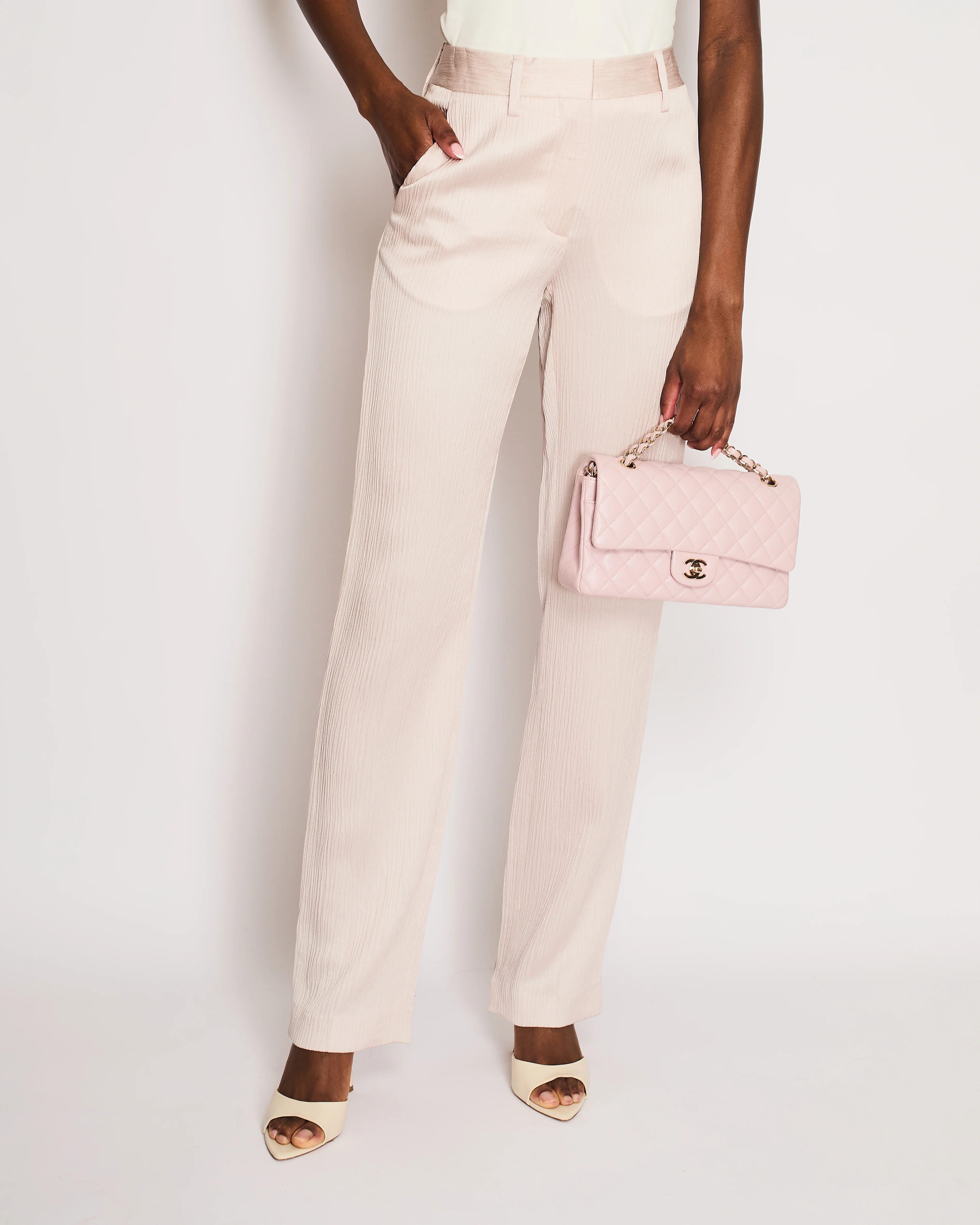 Off-White Light Pink Ribbed Satin Formal Straight Leg Trousers IT 38 (UK 6) - Image 2
