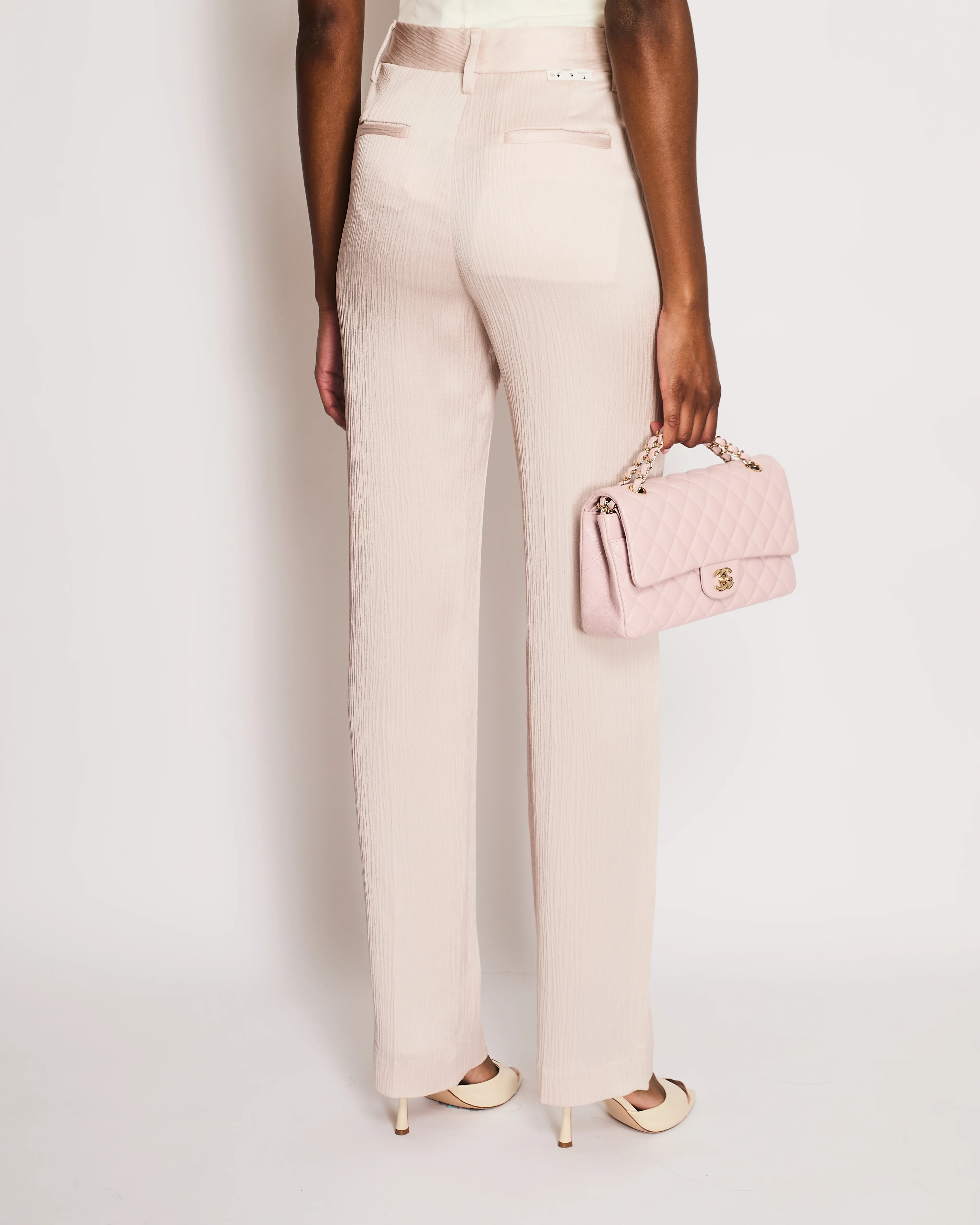 Off-White Light Pink Ribbed Satin Formal Straight Leg Trousers IT 38 (UK 6) - Image 3