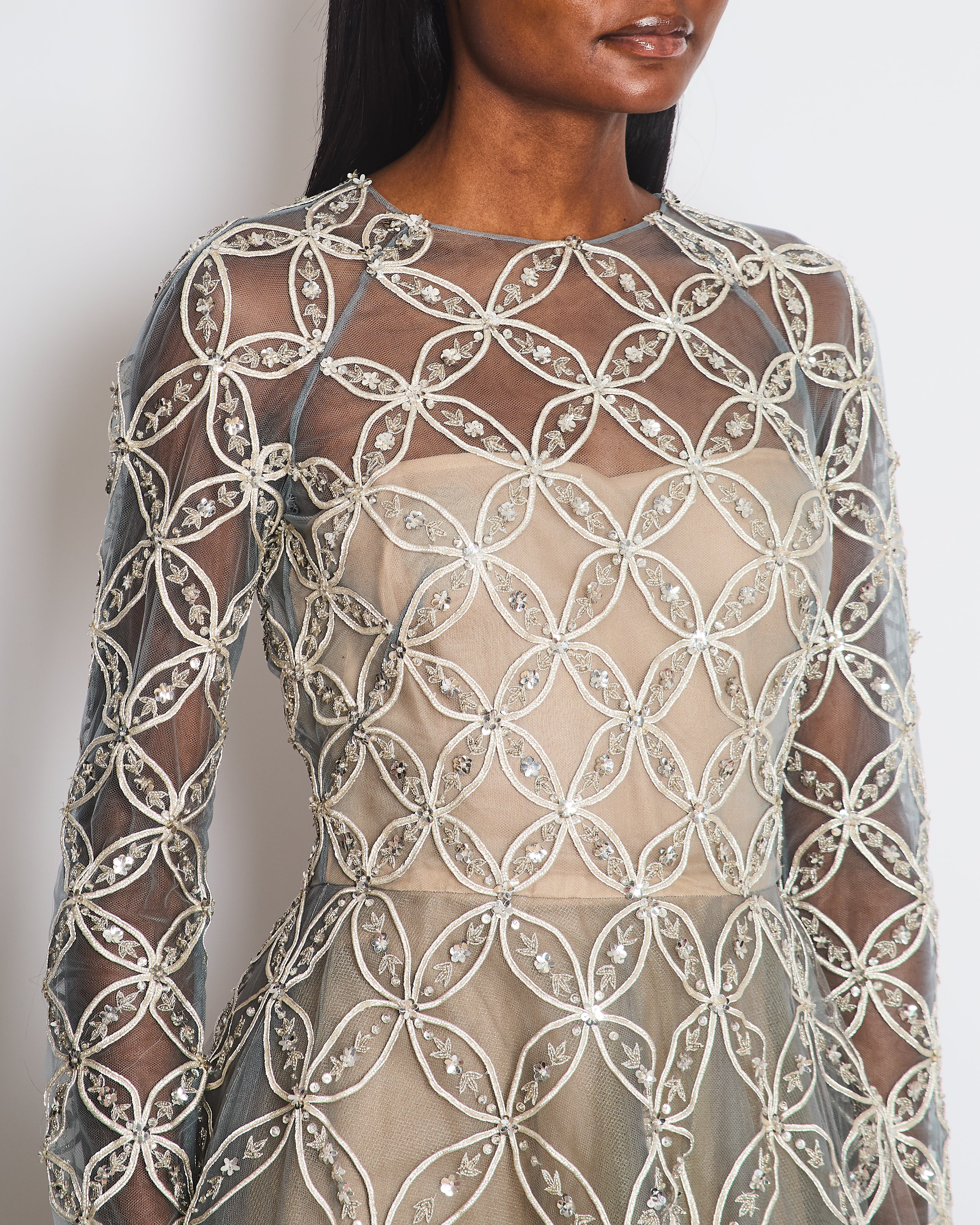 Oscar De La Renta Dove Grey Floral Embellished Mesh Gown Size FR 34 (UK 6) - Image 2