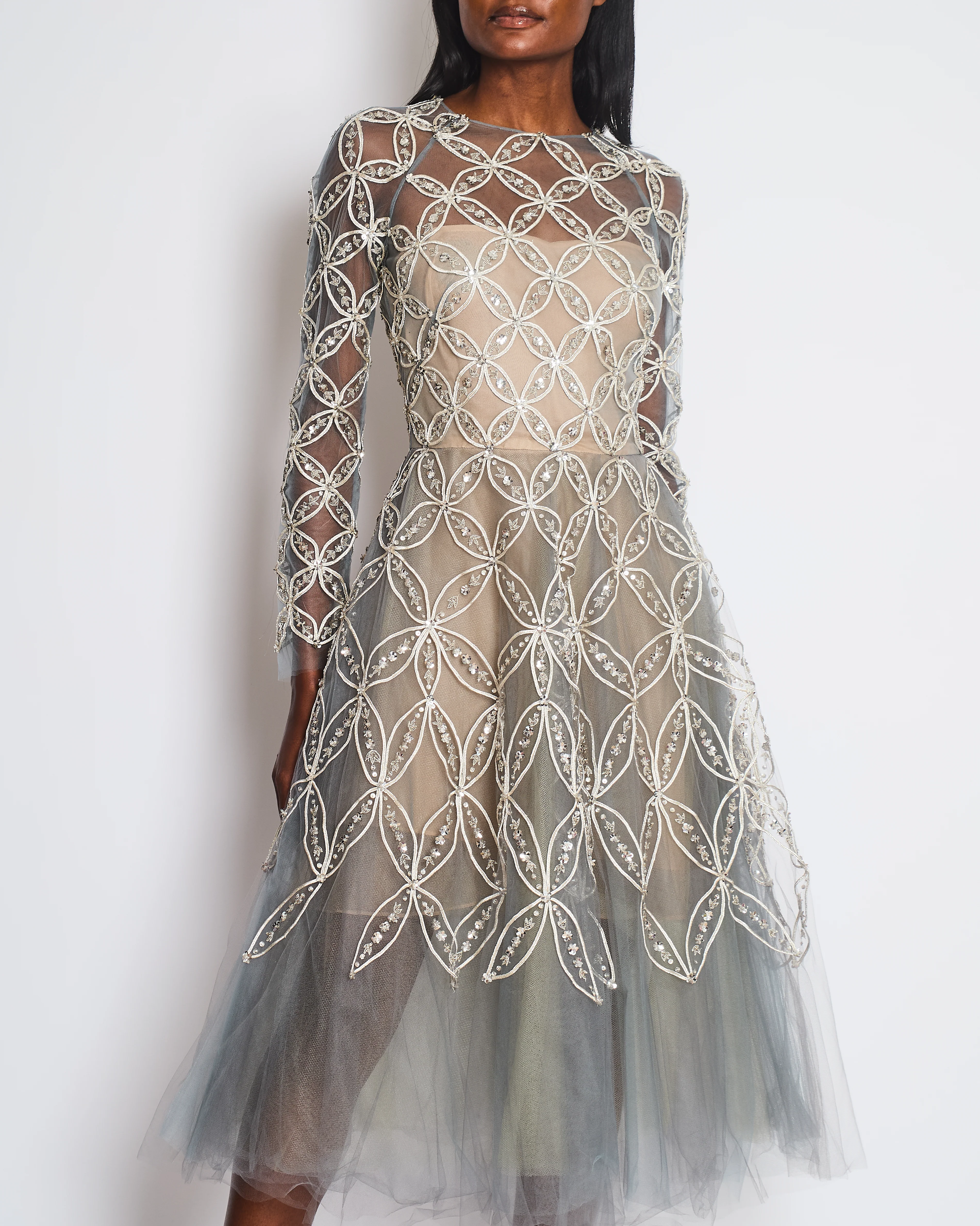 Oscar De La Renta Dove Grey Floral Embellished Mesh Gown Size FR 34 (UK 6) - Image 3