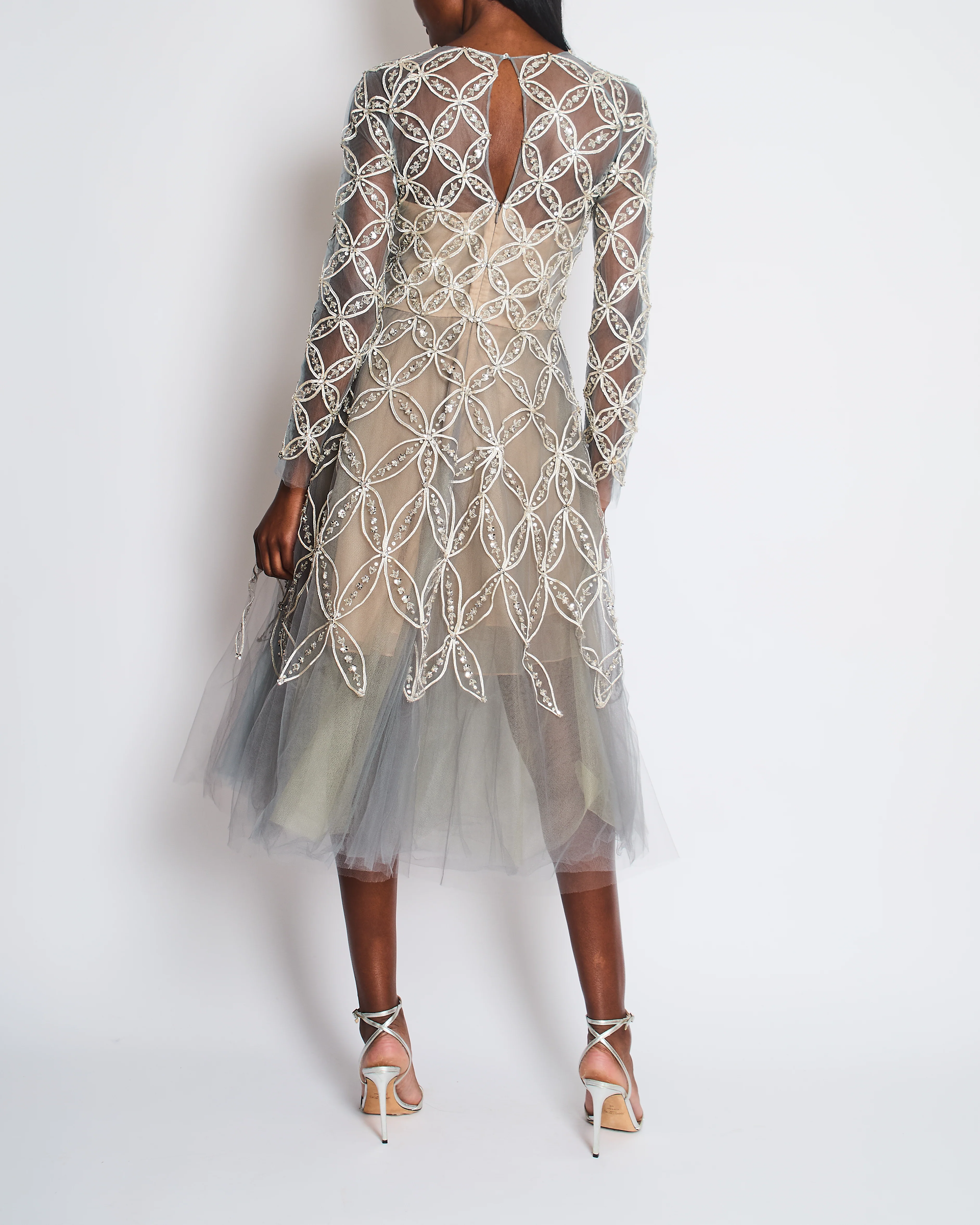 Oscar De La Renta Dove Grey Floral Embellished Mesh Gown Size FR 34 (UK 6) - Image 4